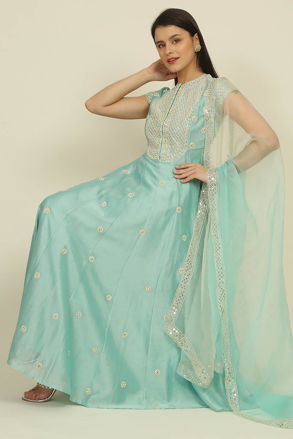 Aqua Blue Chanderi Anarkali Set