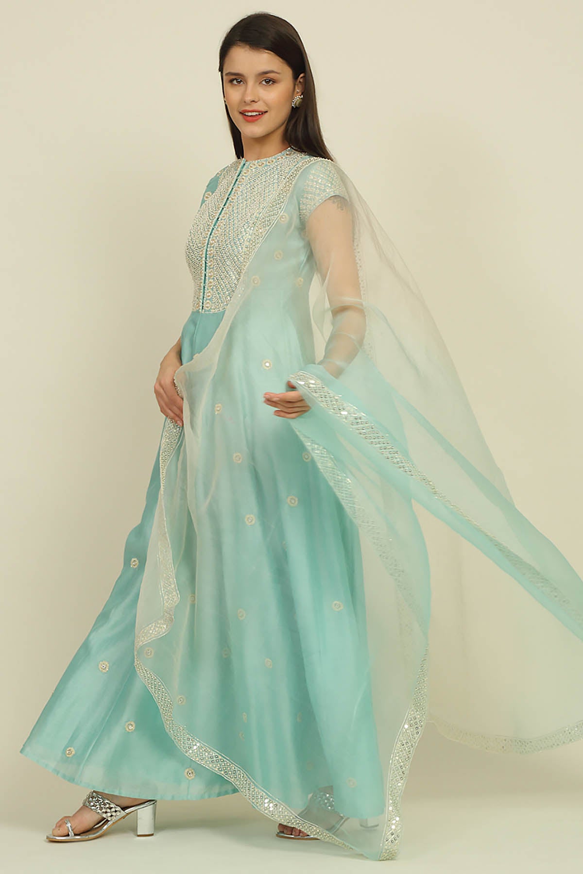 Aqua Blue Chanderi Anarkali Set