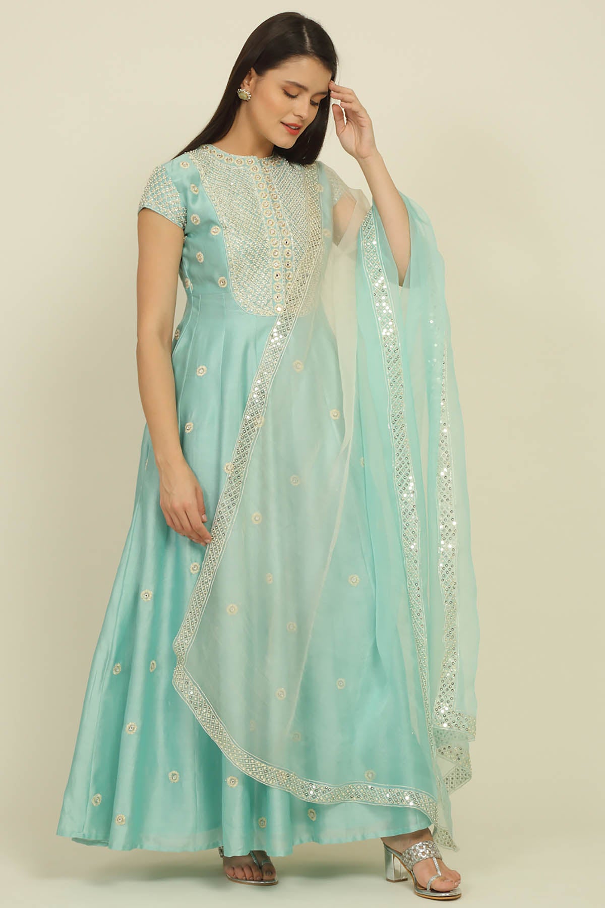 Aqua Blue Chanderi Anarkali Set