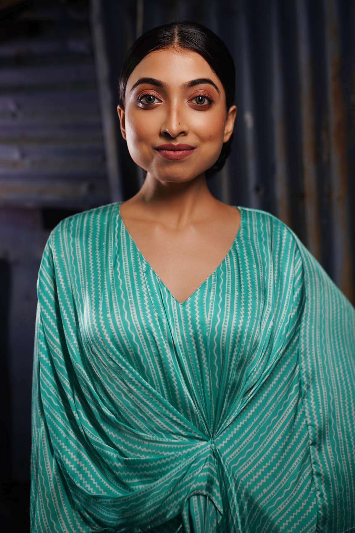 Aqua Blue Silk Dress With Cape