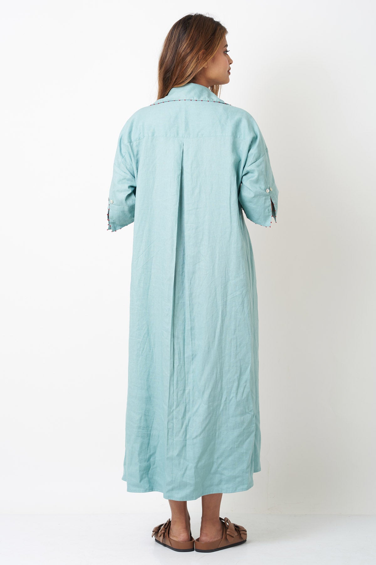 Aqua Viscose Linen Shirt Dress