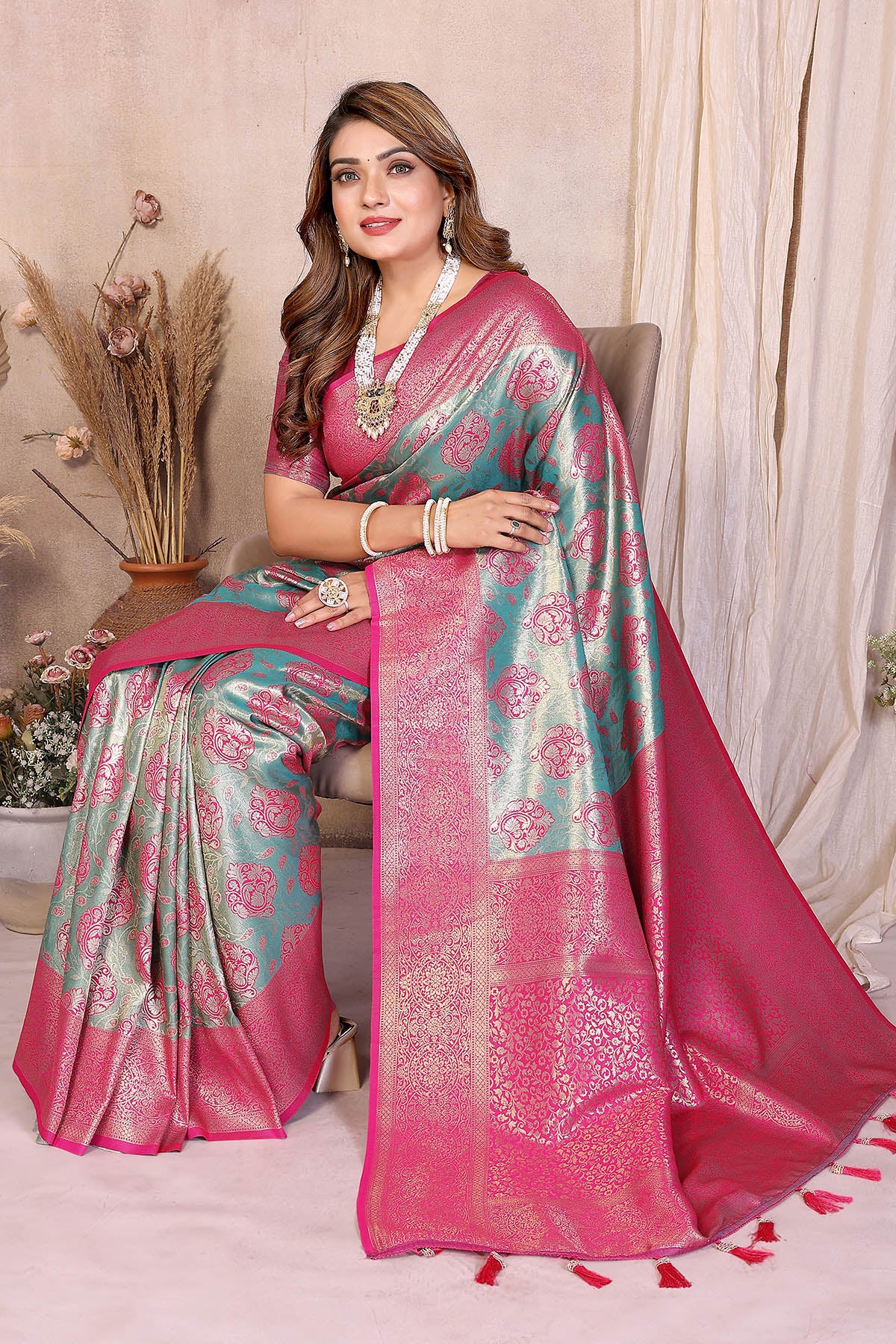 Aqua Banarasi Tissue Silk Saree