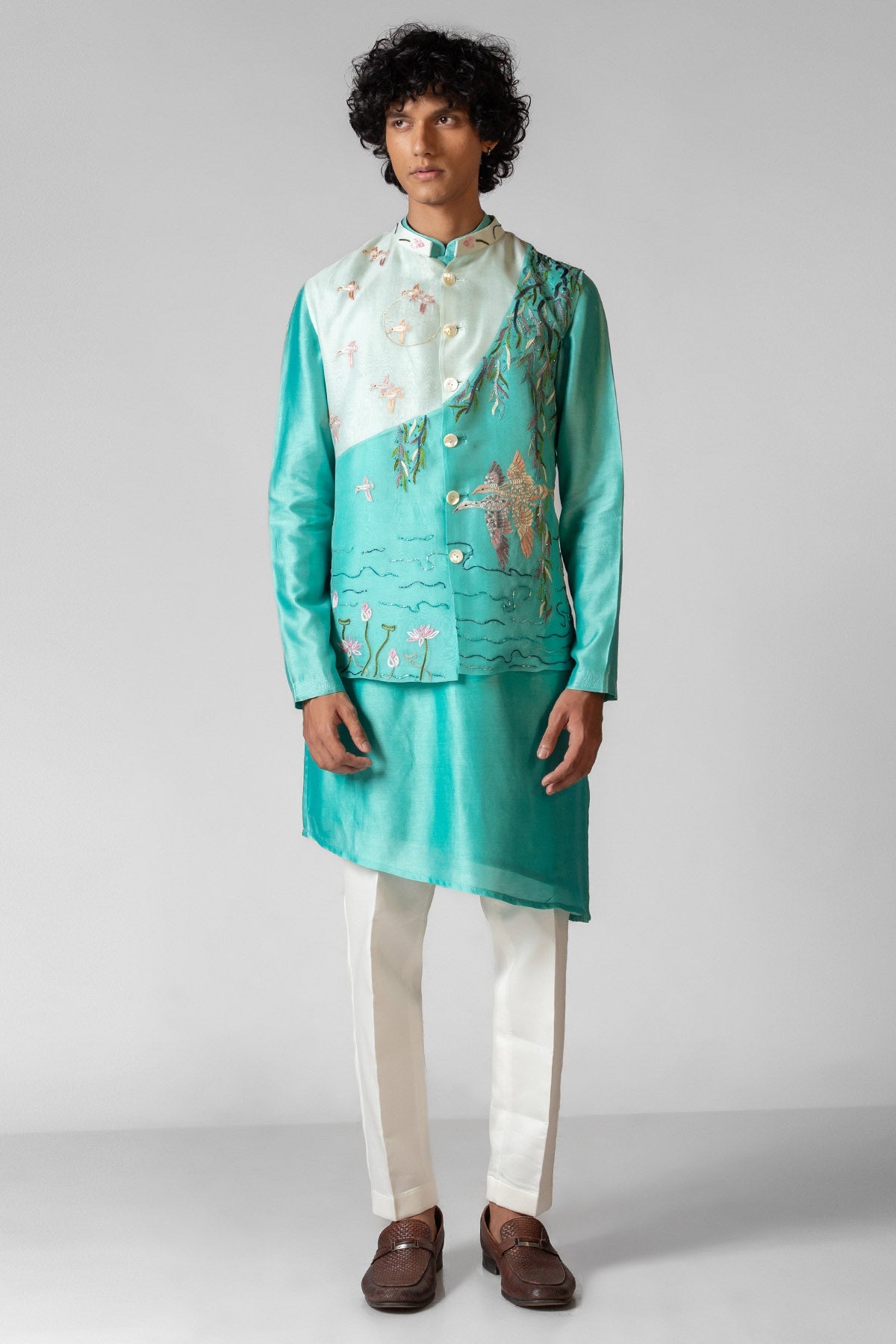 Buy Aqua Blue Colourblock Kurta Set for men by Paarsh Atelier online available at scrollnshops