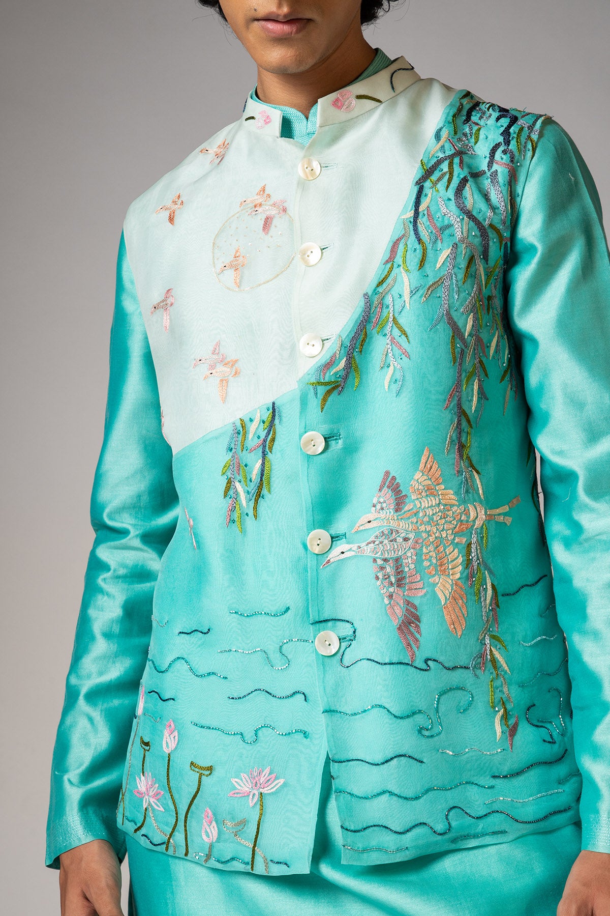Aqua Blue Colourblock Kurta Set