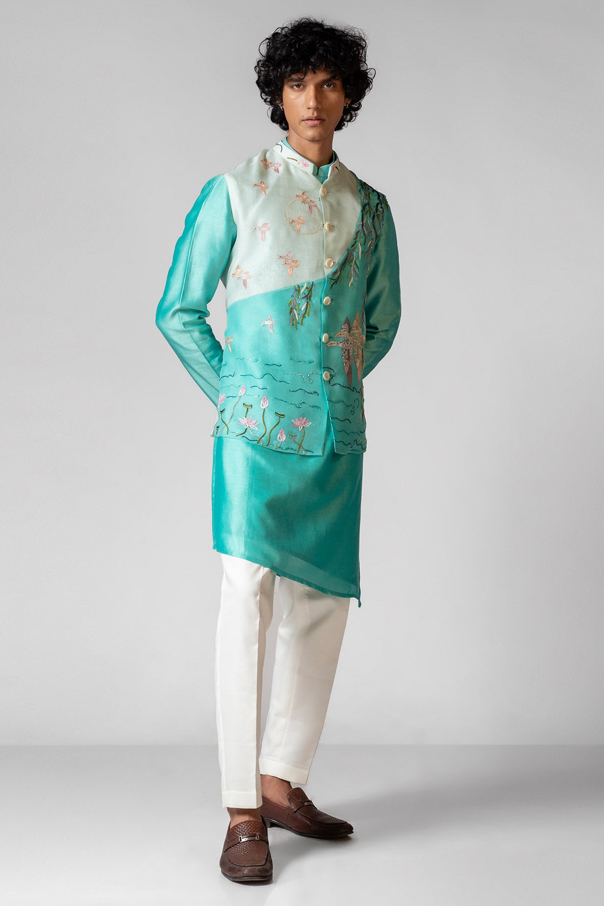 Aqua Blue Colourblock Kurta Set
