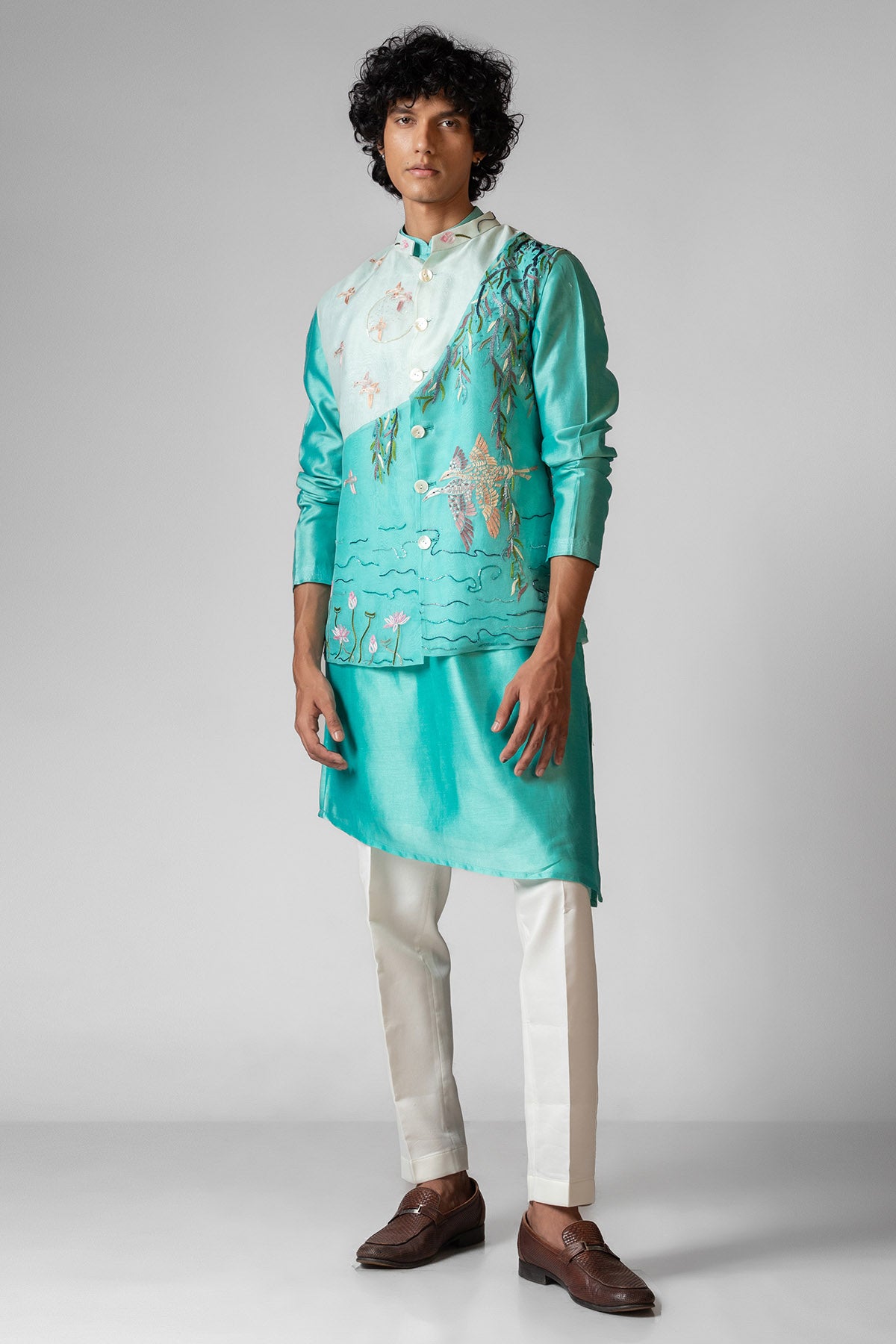 Aqua Blue Colourblock Kurta Set