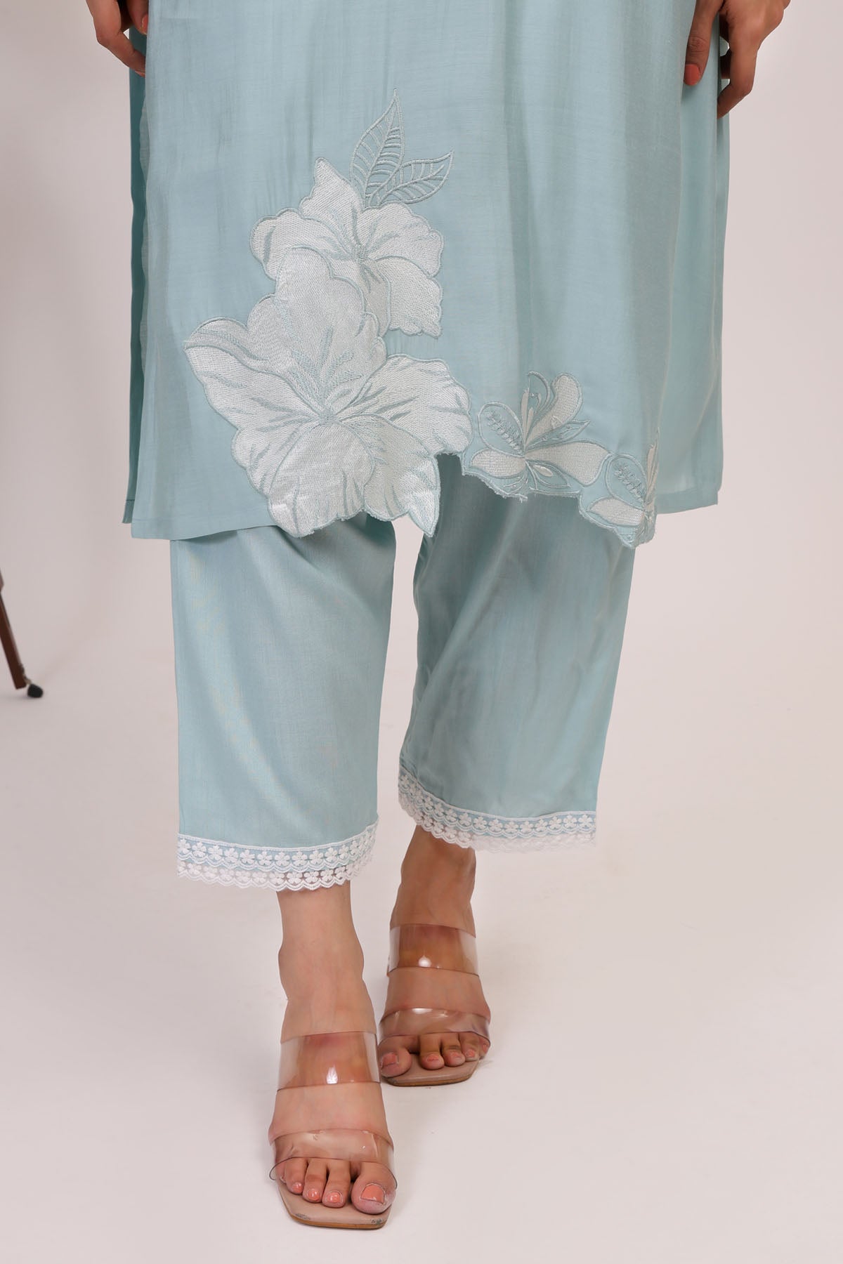 Aqua Floral V-Neck Kurta Set