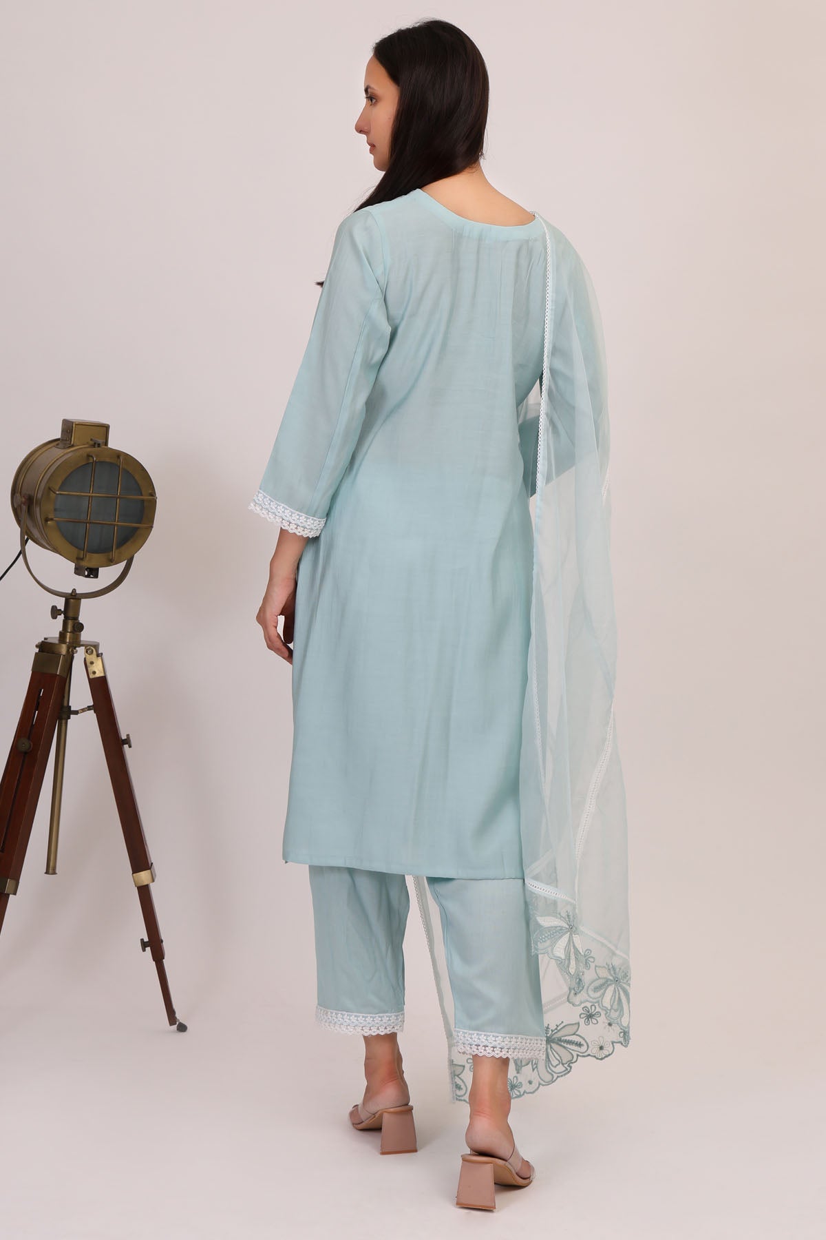 Aqua Floral V-Neck Kurta Set