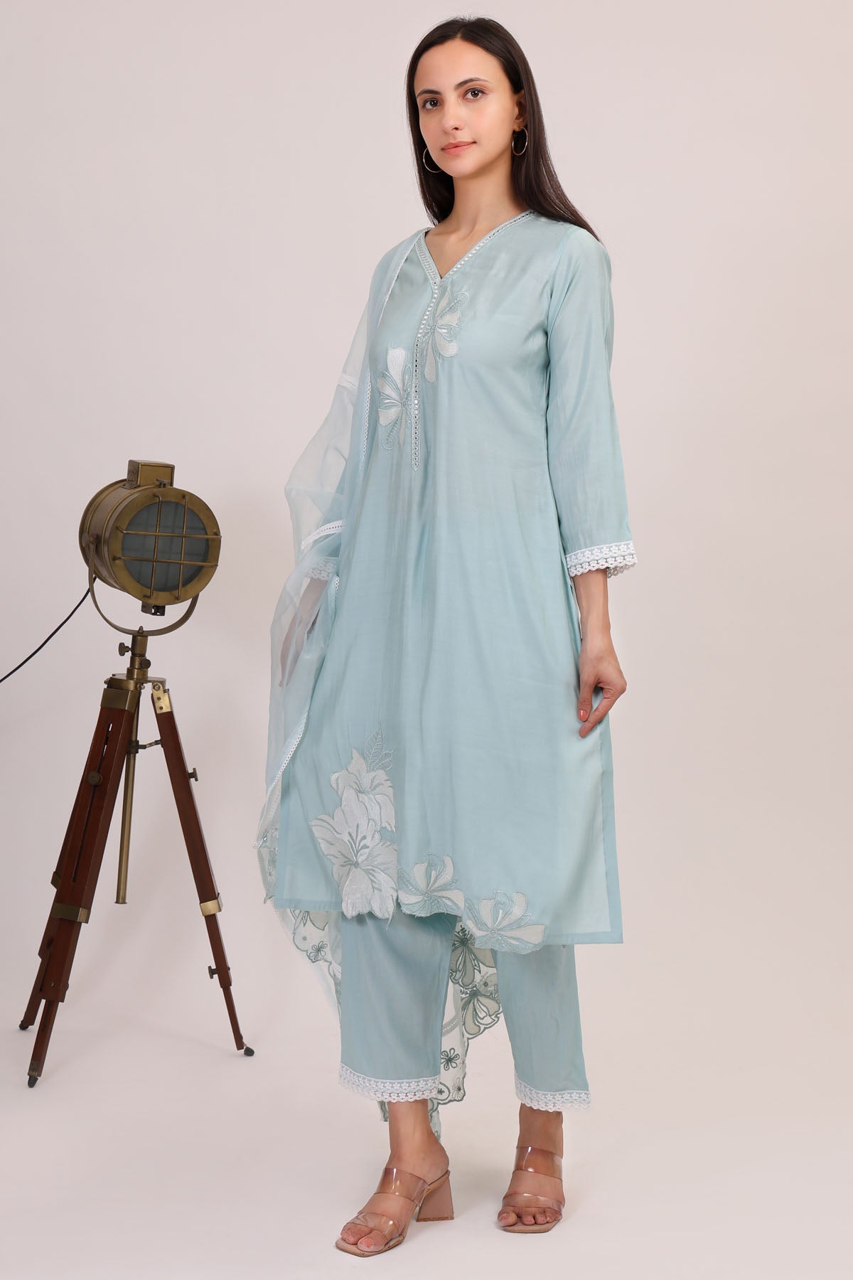 Aqua Floral V-Neck Kurta Set