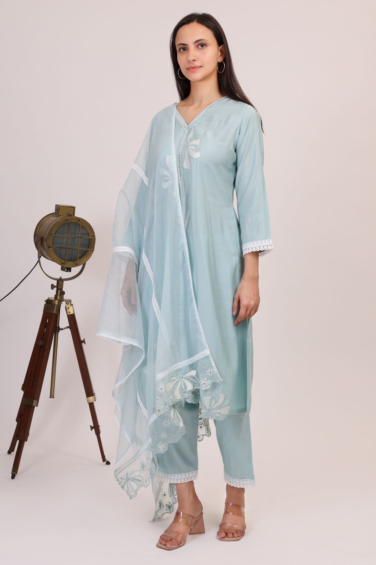 Aqua Floral V-Neck Kurta Set