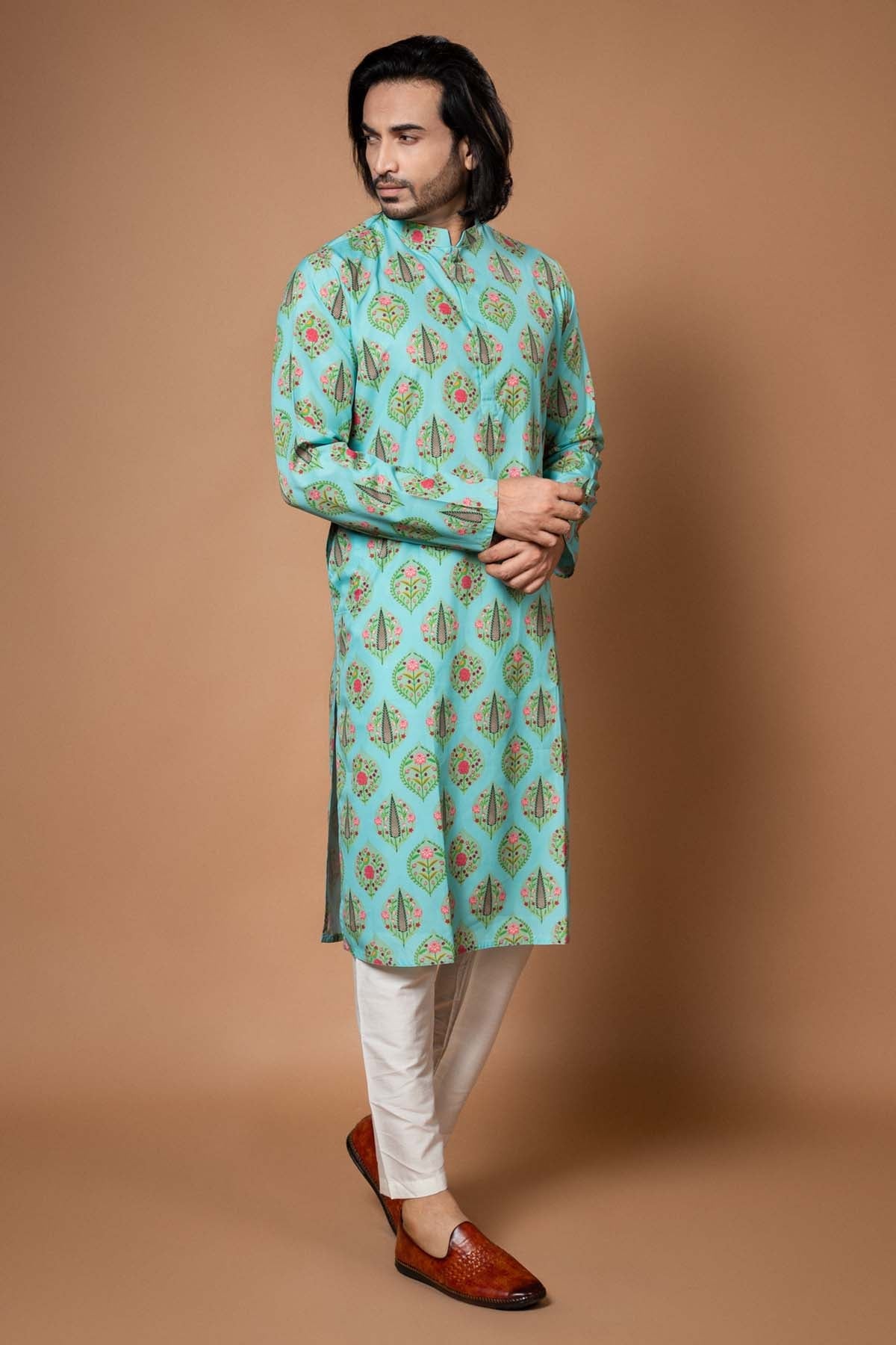 Priyanka Haralalka Aqua Blue Printed Kurta Set for men online at ScrollnShops