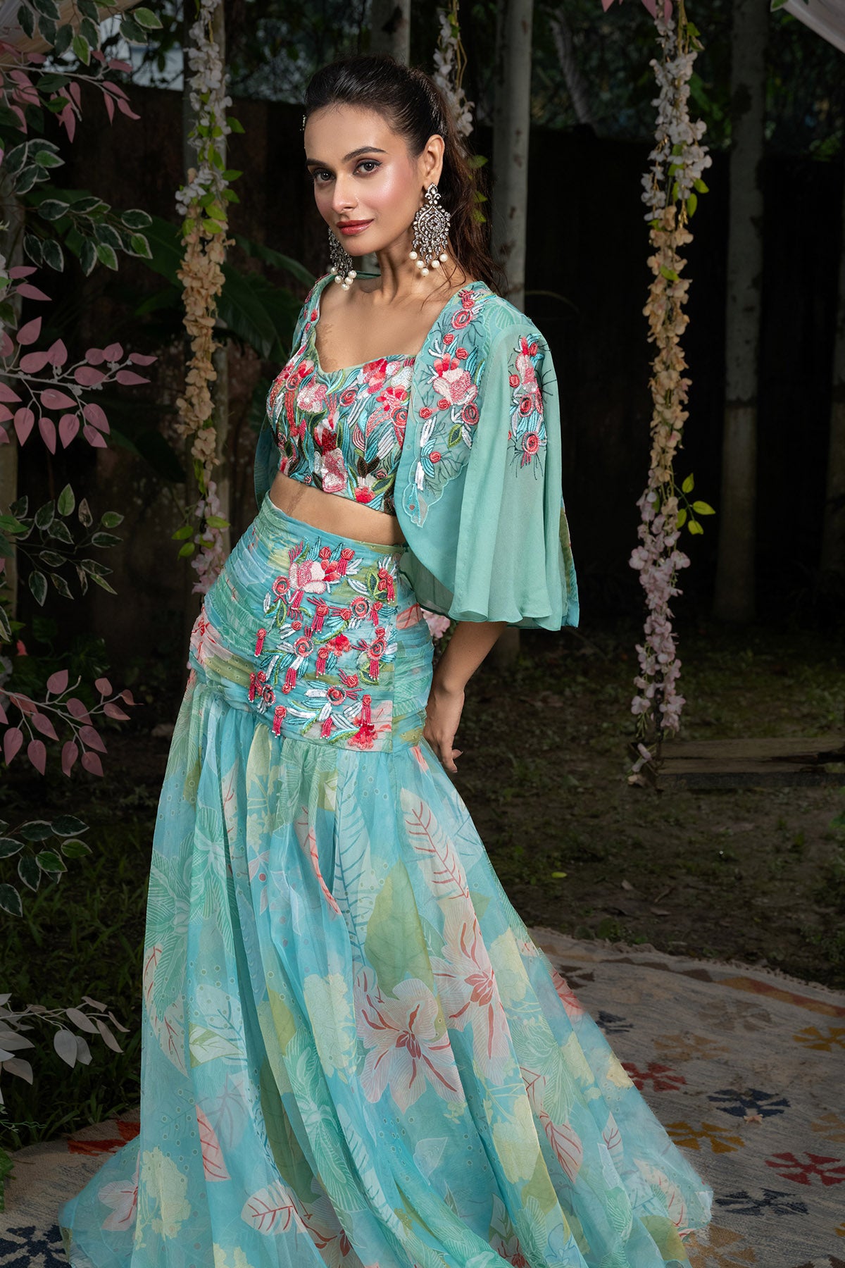 Aqua Blue Tropical Lehenga Set