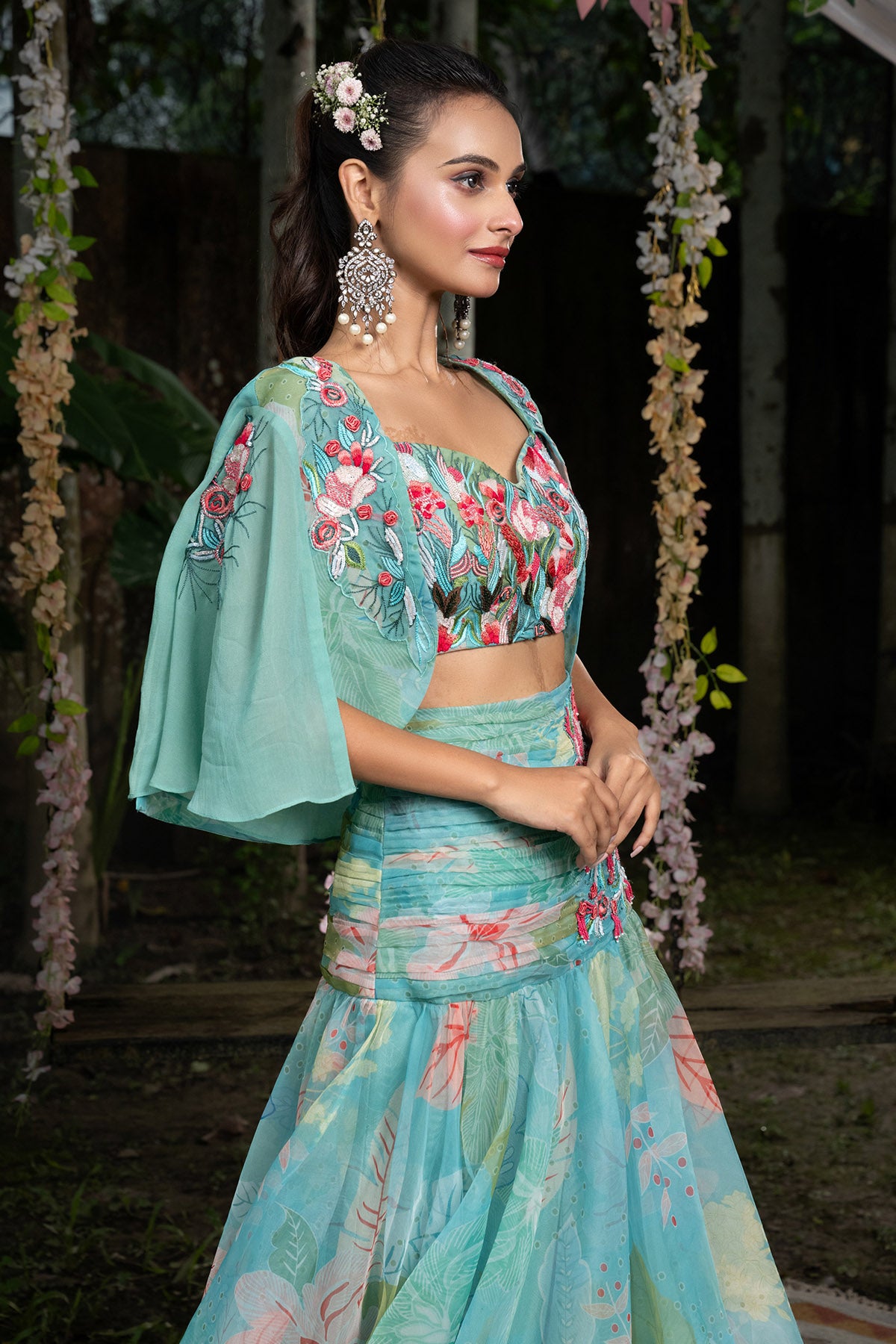 Aqua Blue Tropical Lehenga Set