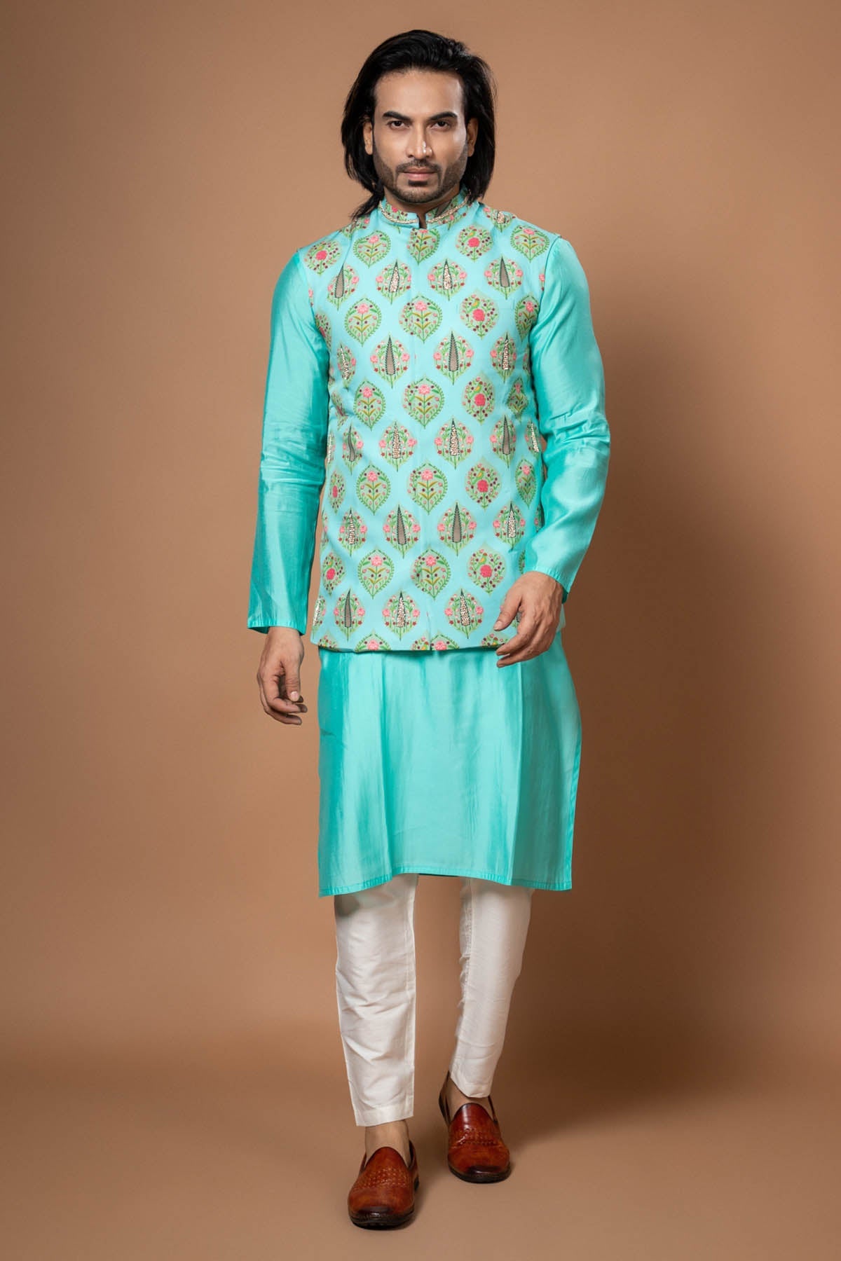 Priyanka Haralalka Aqua Blue Zardosi Print Bundi for men online at ScrollnShops