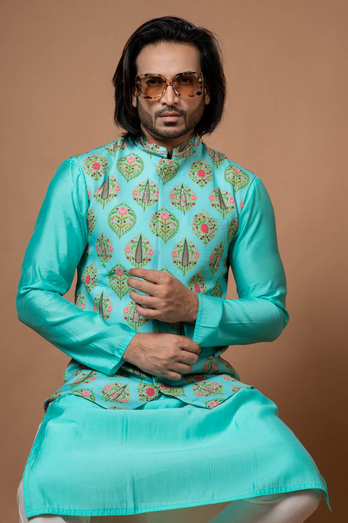 Aqua Blue Zardosi Print Bundi