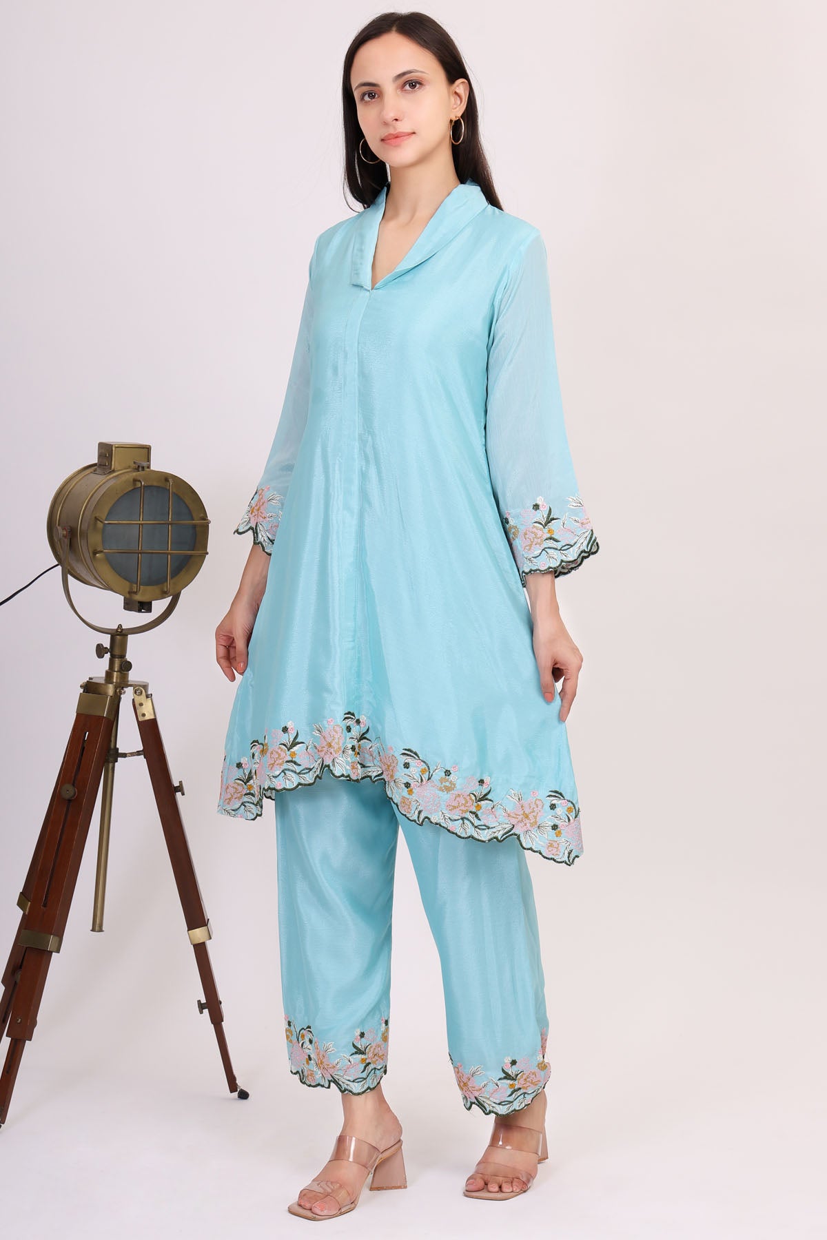 Aqua Embroidered Kurta & Pants