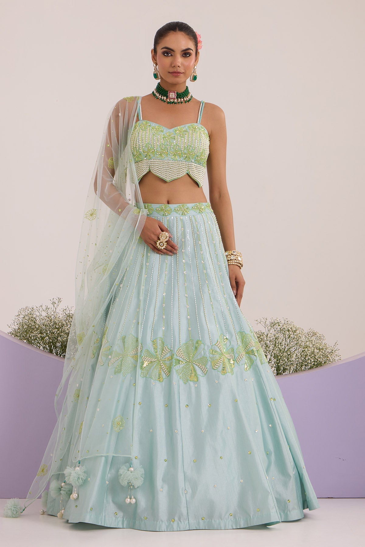 Buy Aqua Embroidered Lehenga Set by Nitisha Kashyap for women online at ScrollnShops