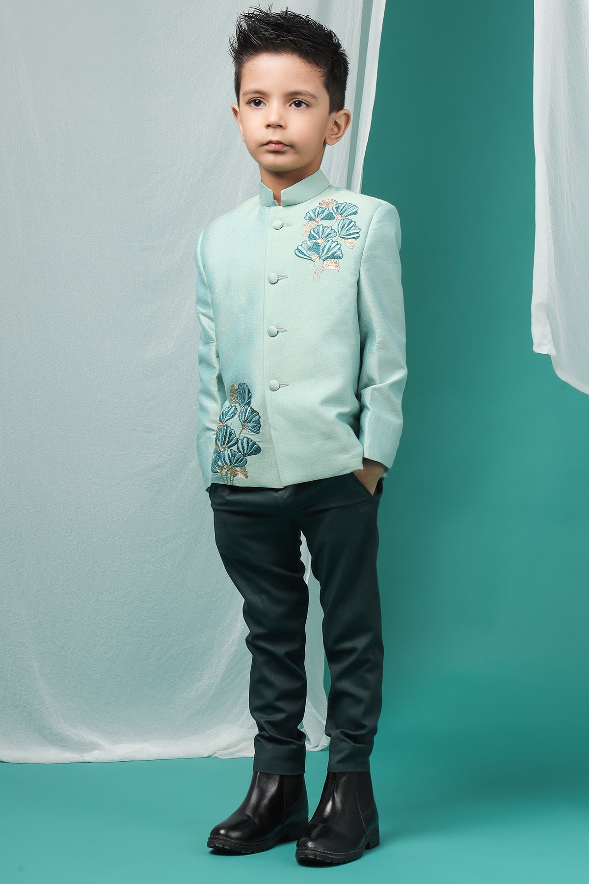 Buy Aqua Green Embroidery Suit Set for boy by Little Brats online available at scrollnshops