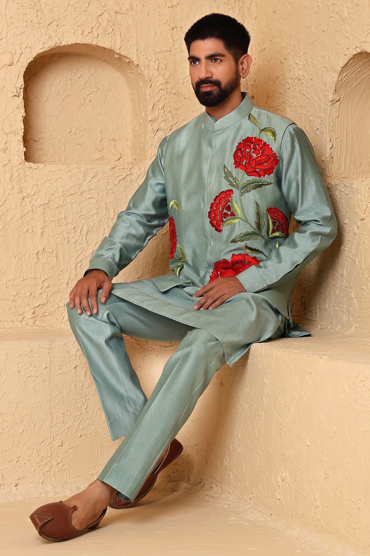 Buy Aqua Green Floral Kurta & Pants for Men by Designer Harshita Dhanawat available online at ScrollnShops