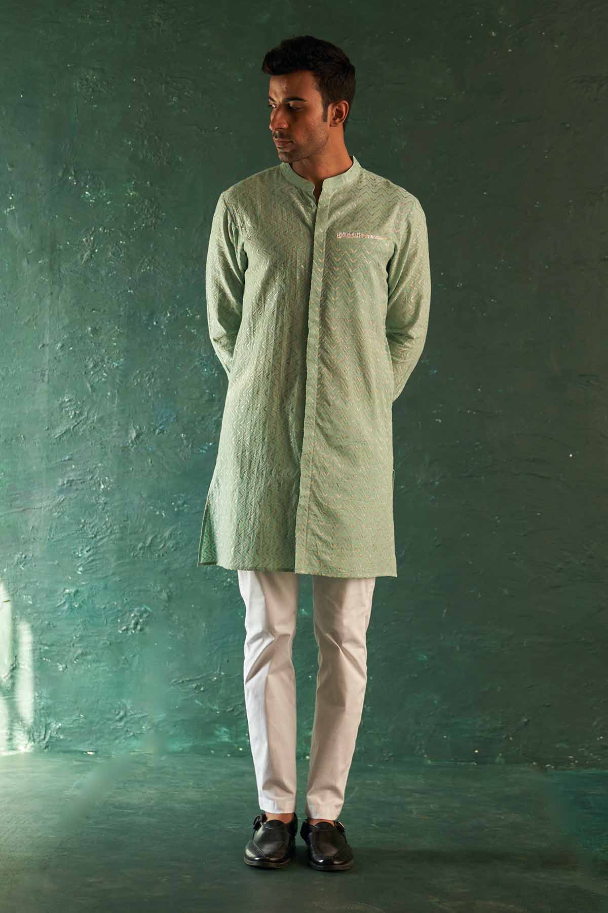 Buy Aqua Green Gota Detail Kurta Set by Charkhee for men online at ScrollnShops