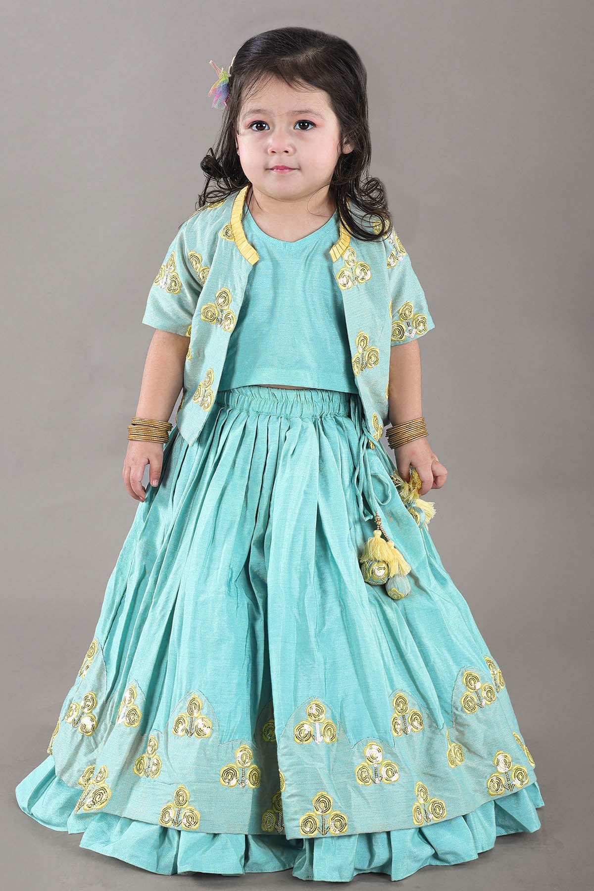 Buy Aqua Green Lehenga Set & Jacket by Little Brats for Girls online at ScrollnShops