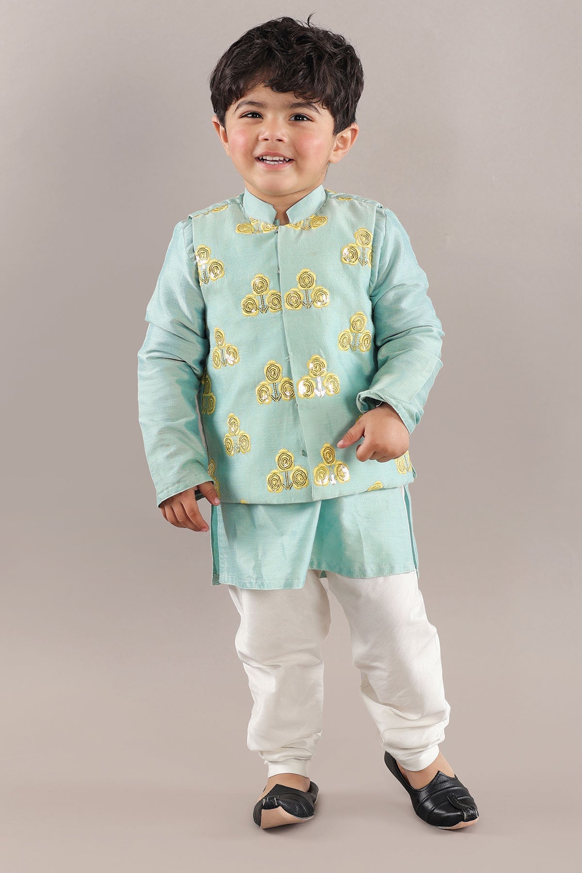 Buy Aqua Green Sequins Jacket Set by Little Brats for Boys online at ScrollnShops