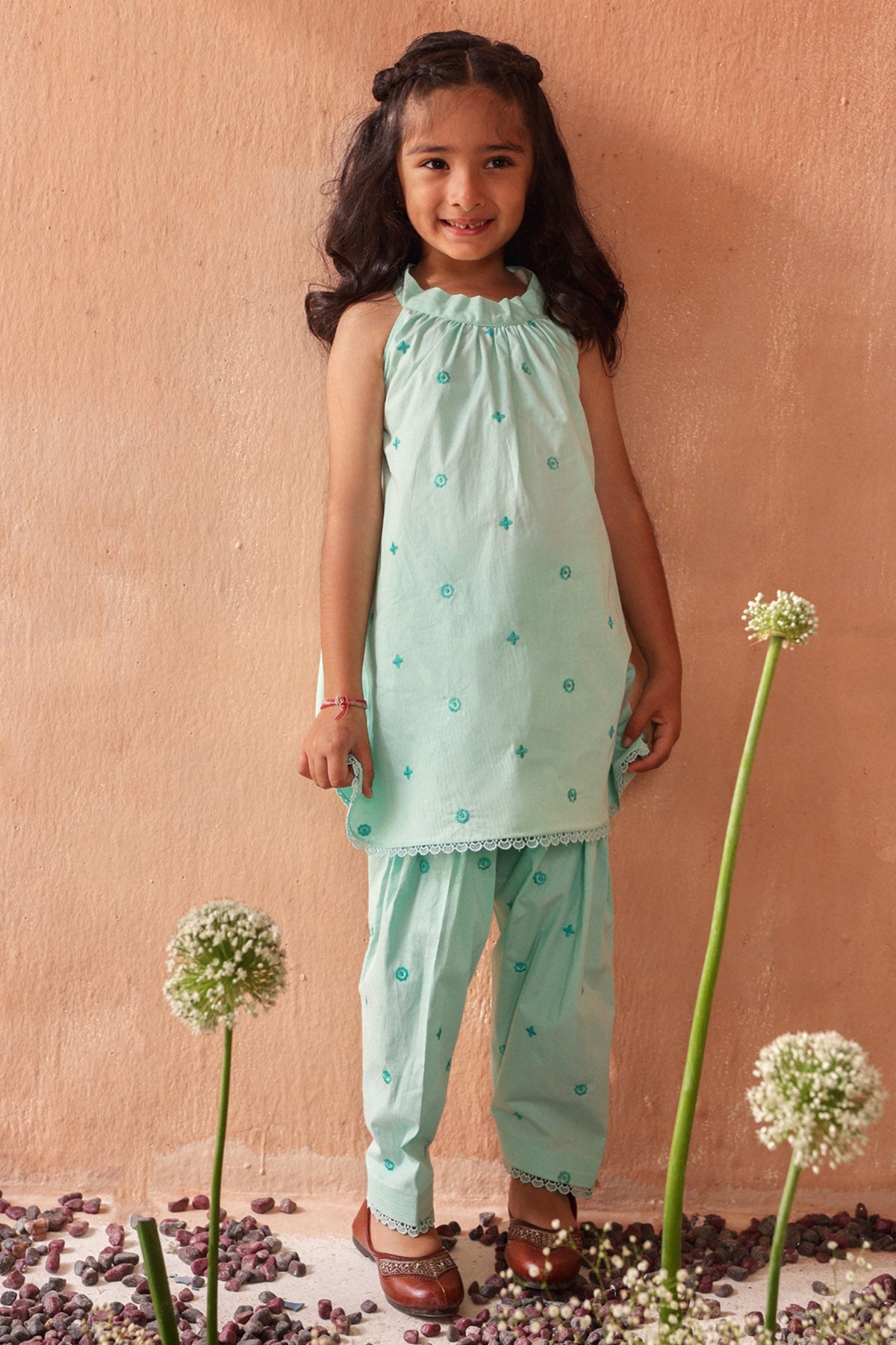 Buy Seema Nanda Aqua Lace Embroidered Kurta Set for kids available online at ScrollnShops