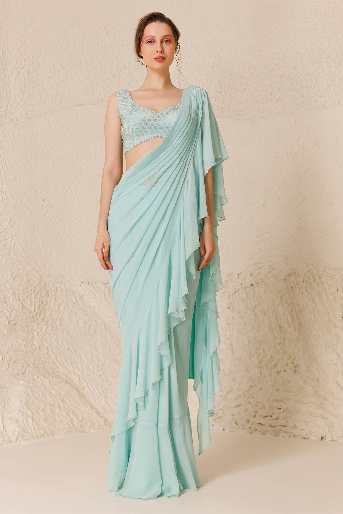 Chhaya Mehrotra Aqua Pearl Work Pre-Draped Saree for women online at ScrollnShops