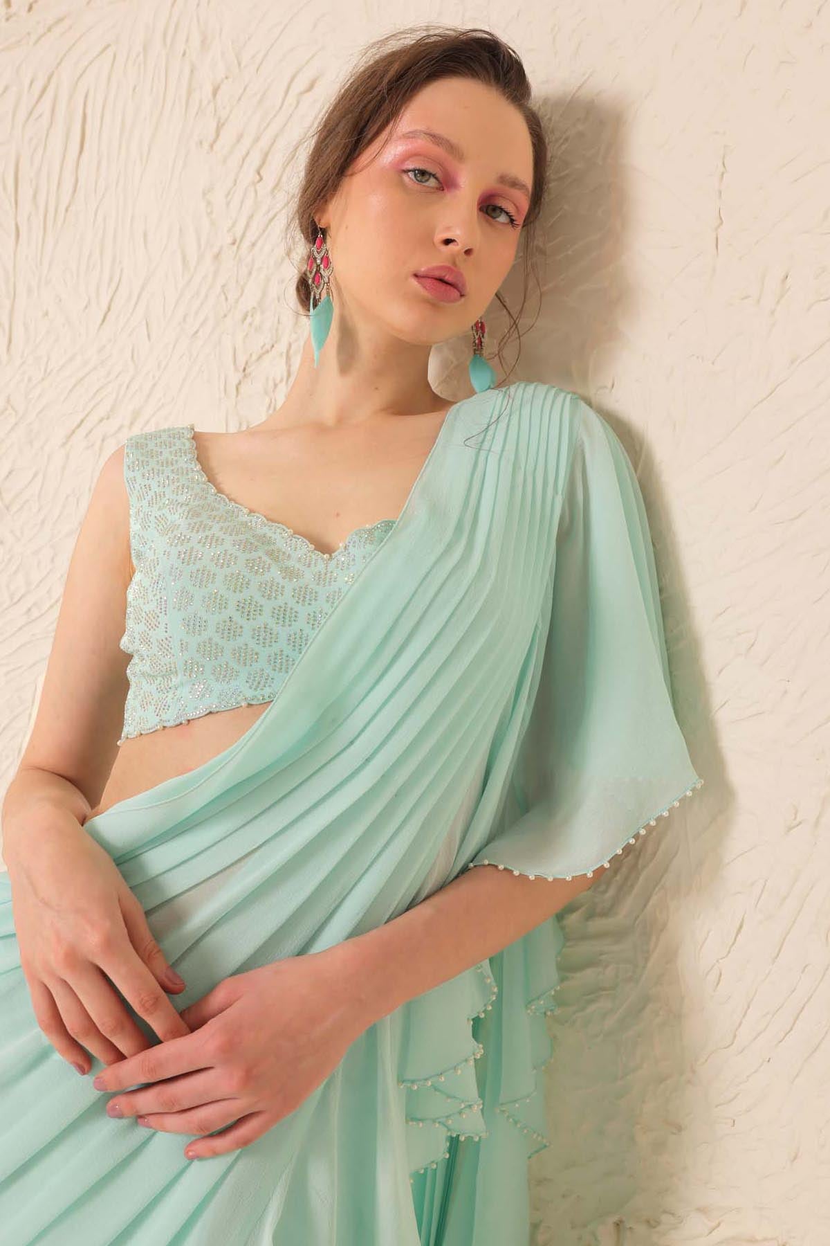 Aqua Pearl Work Pre-Draped Saree