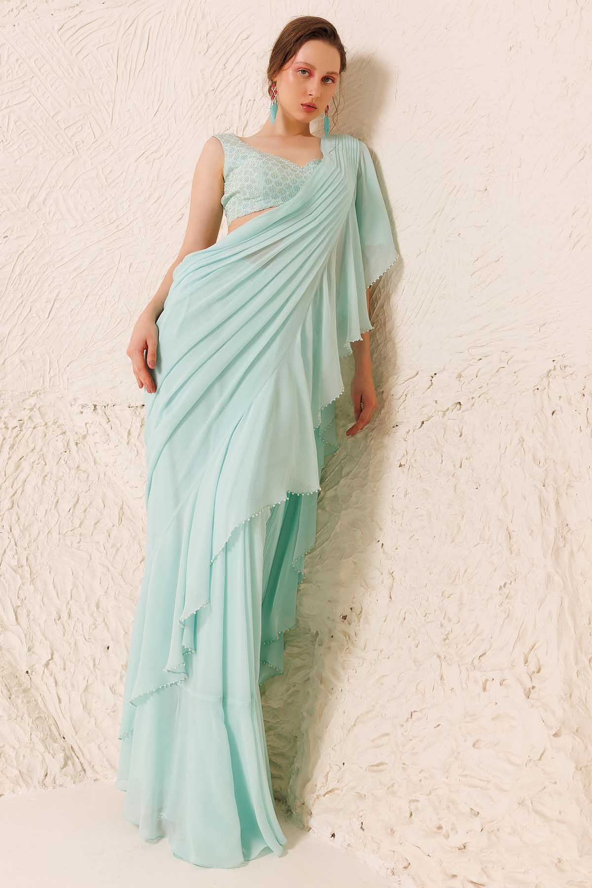 Buy Designer Aqua Pearl Work Pre-Draped Saree online