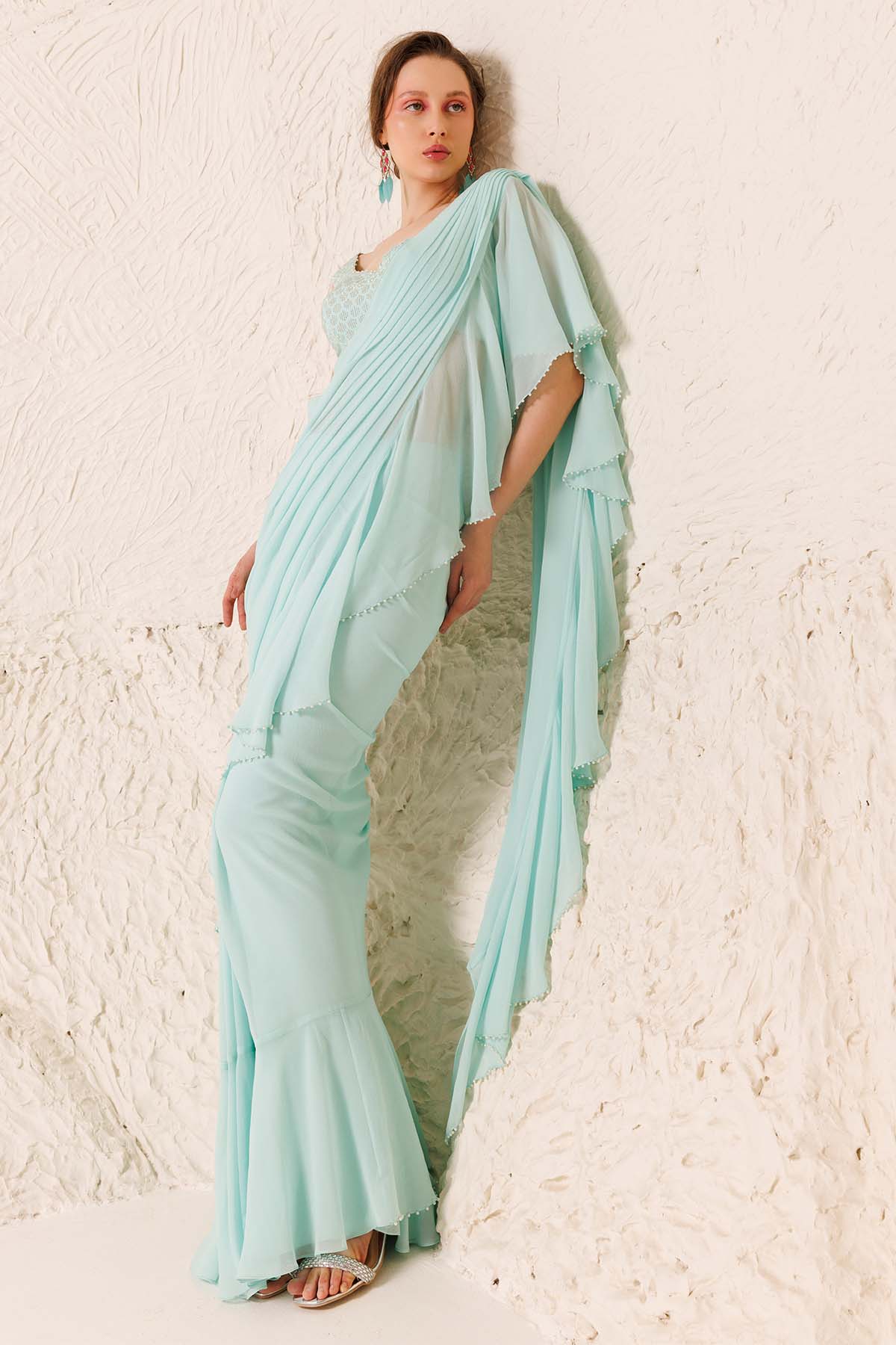 Aqua Pearl Work Pre-Draped Saree