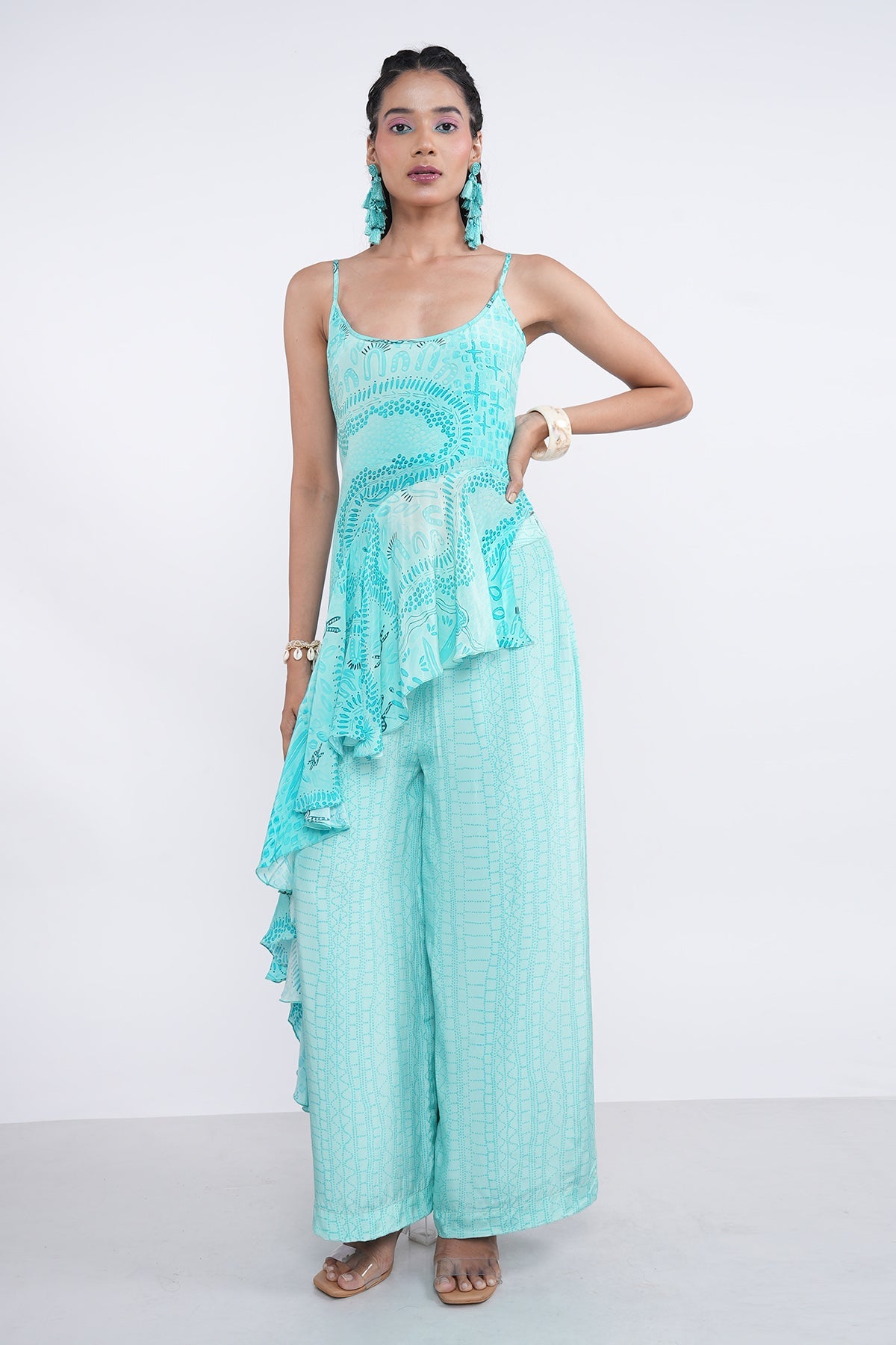 Buy Aqua Ruffle Kurta & Print Pants by Demira for women online at ScrollnShops