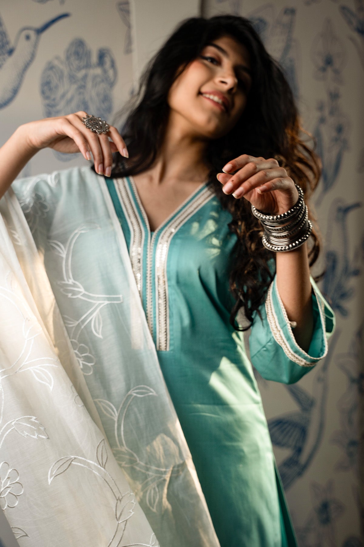 Aqua Teal Lace Edging Kurta Set
