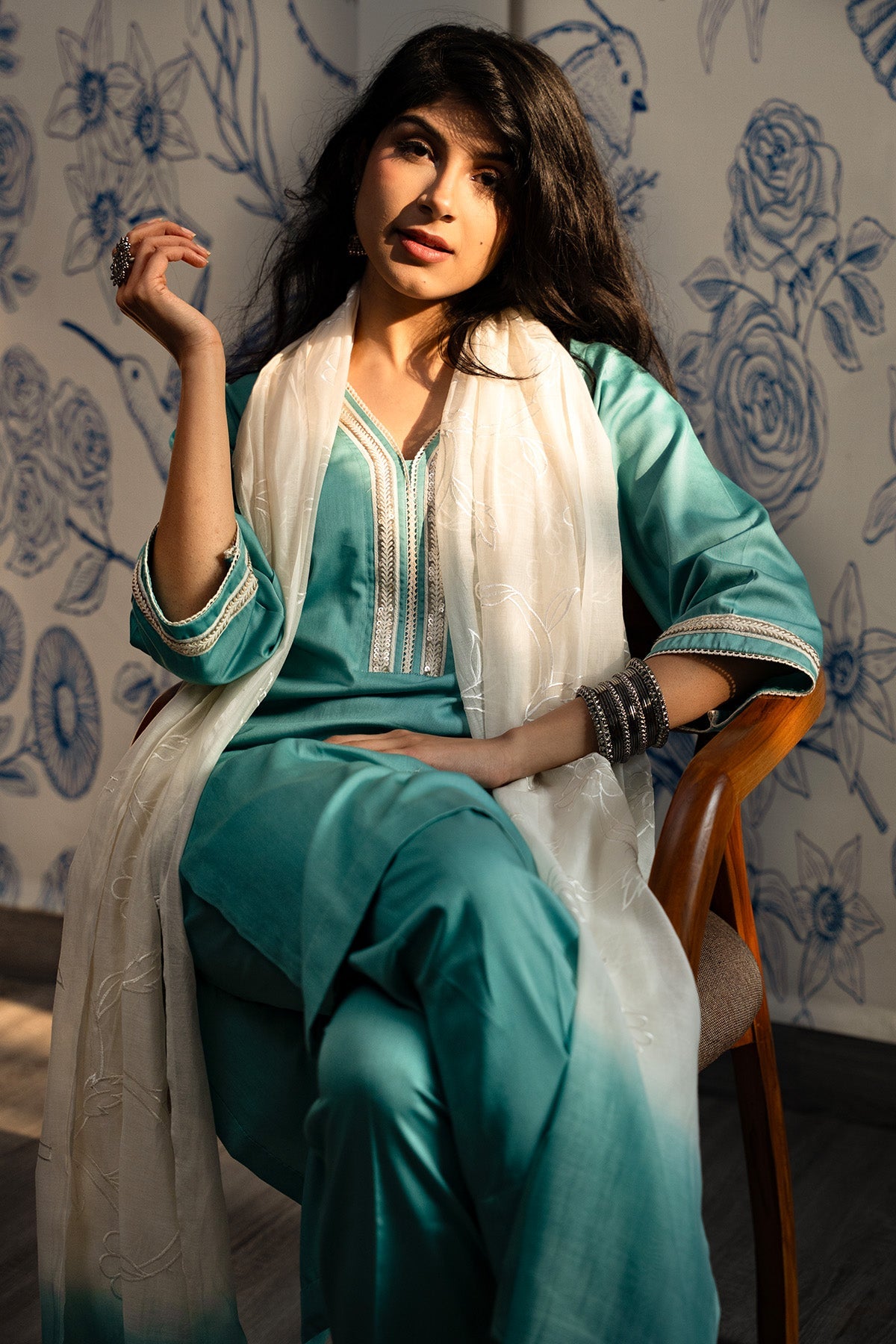 Buy Aqua Teal Lace Edging Kurta Set for women by The Hemming Bird online available at scrollnshops