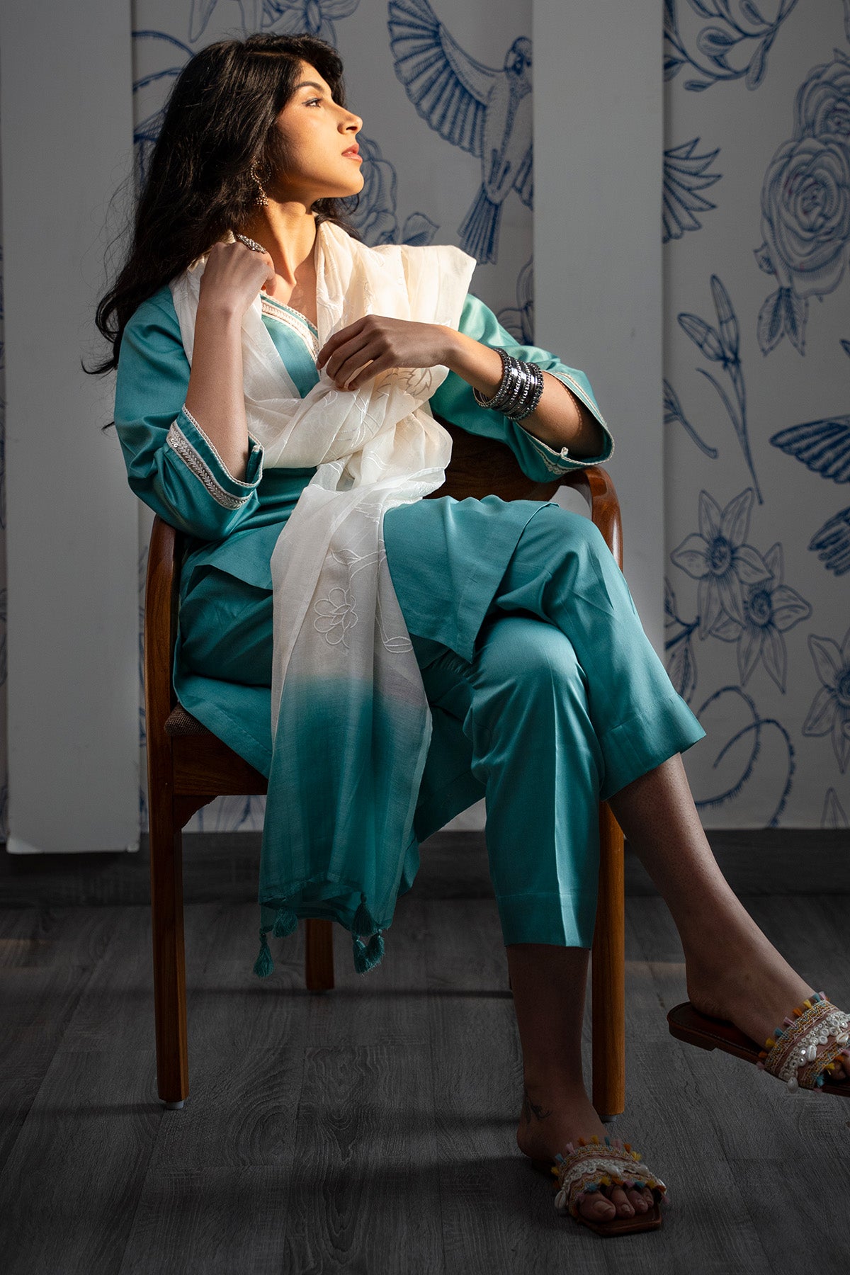 Aqua Teal Lace Edging Kurta Set