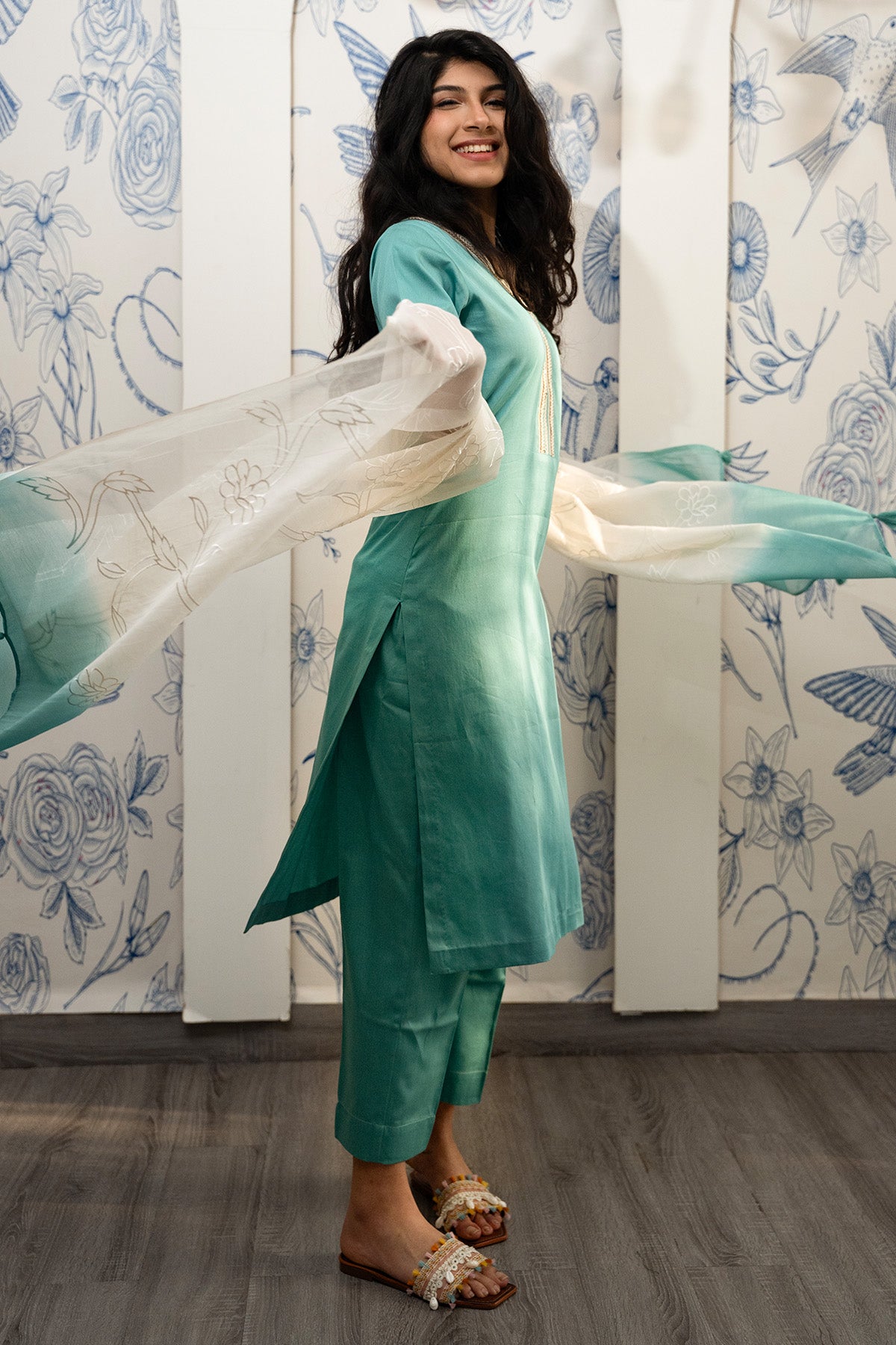 Aqua Teal Lace Edging Kurta Set