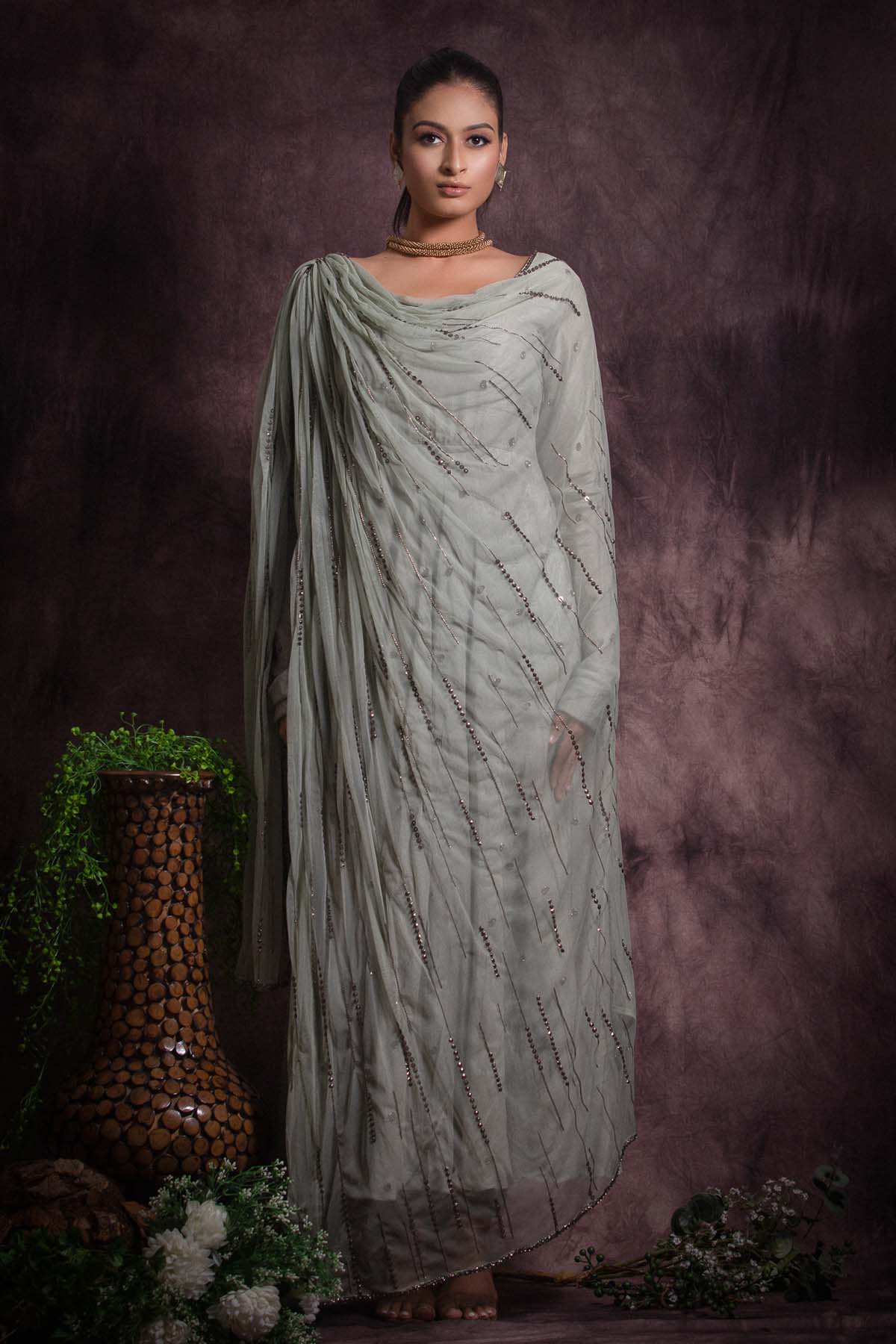 Ash Grey Silk Anarkali Set