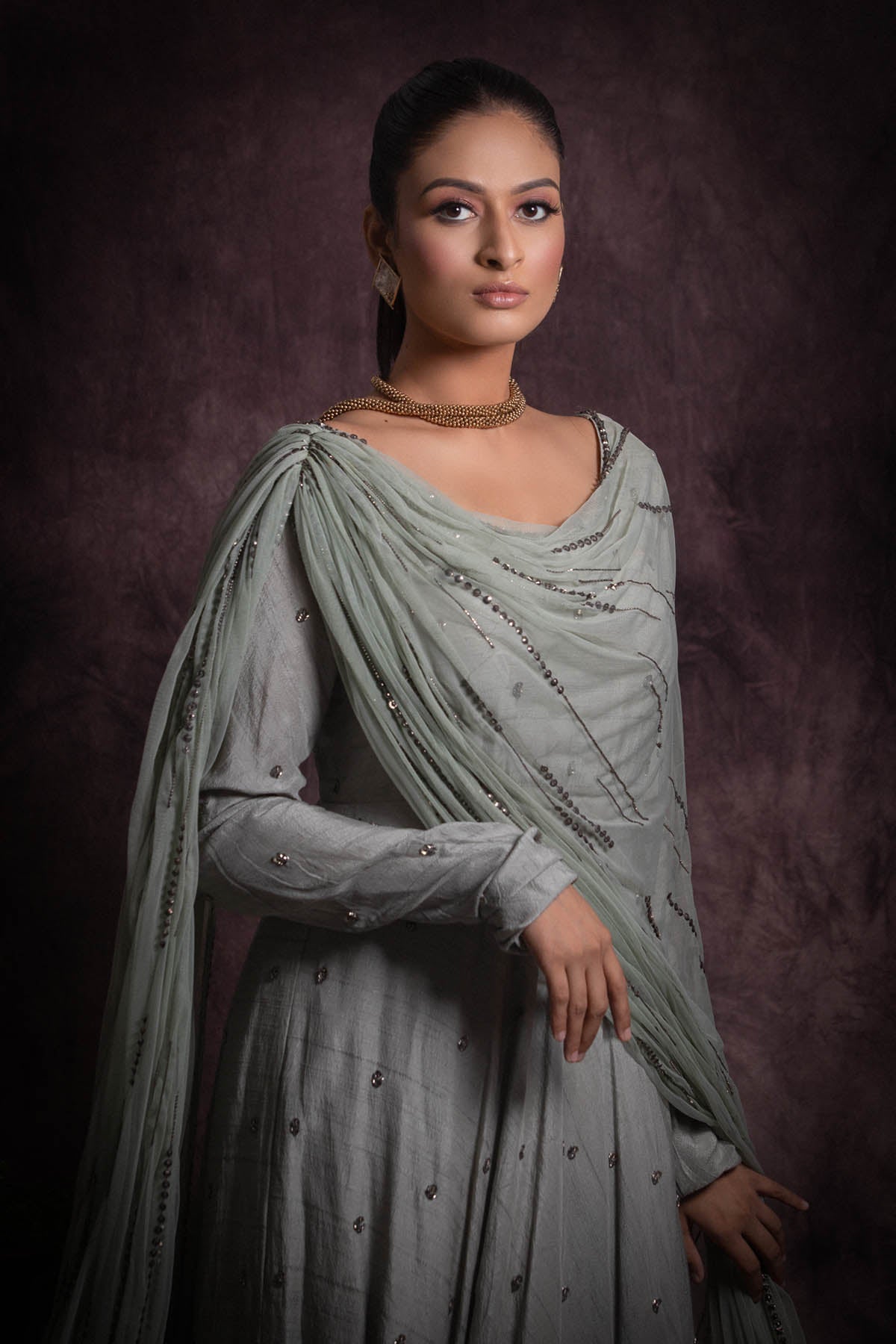 Ash Grey Silk Anarkali Set