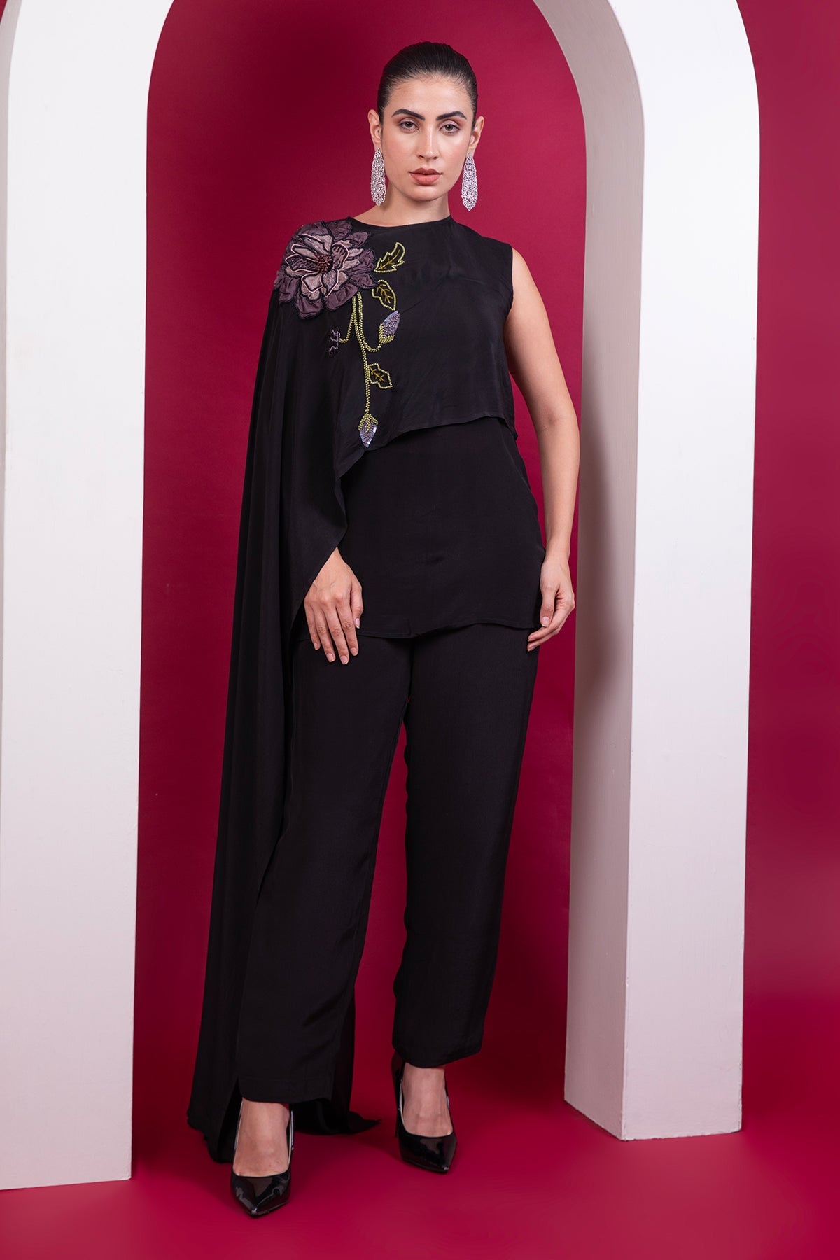 Buy Asymmetrical Black Top & Pants by Label Kaleido for Women online at ScrollnShops