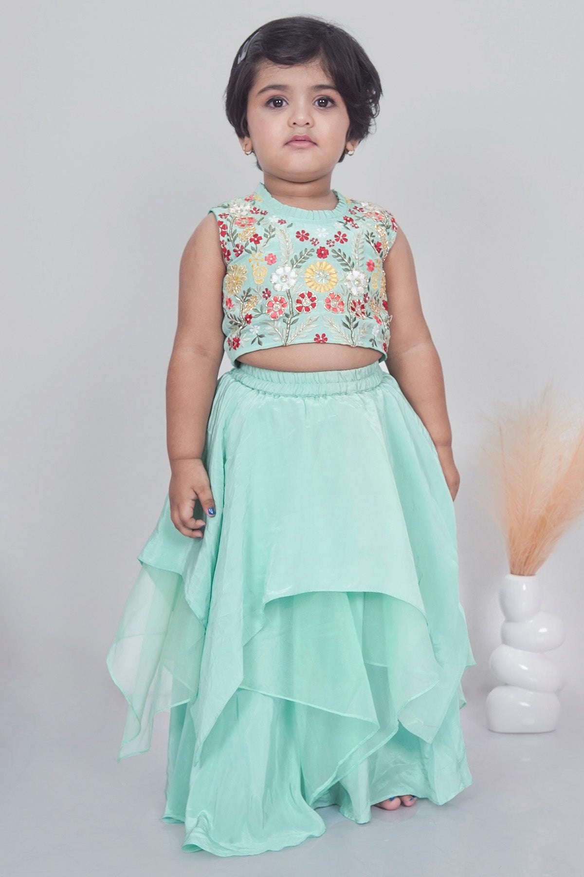 Buy Asymmetrical Green Lehenga Set for girl by Little Brats online available at scrollnshops