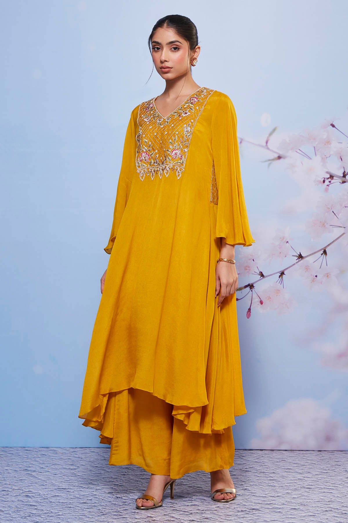 Buy Asymmetrical Mustard Kurta Set Online