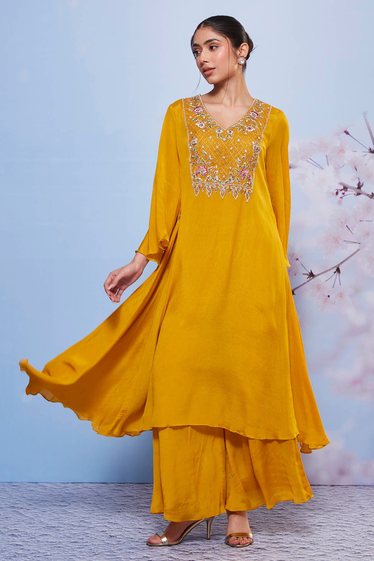 Asymmetrical Mustard Kurta Set
