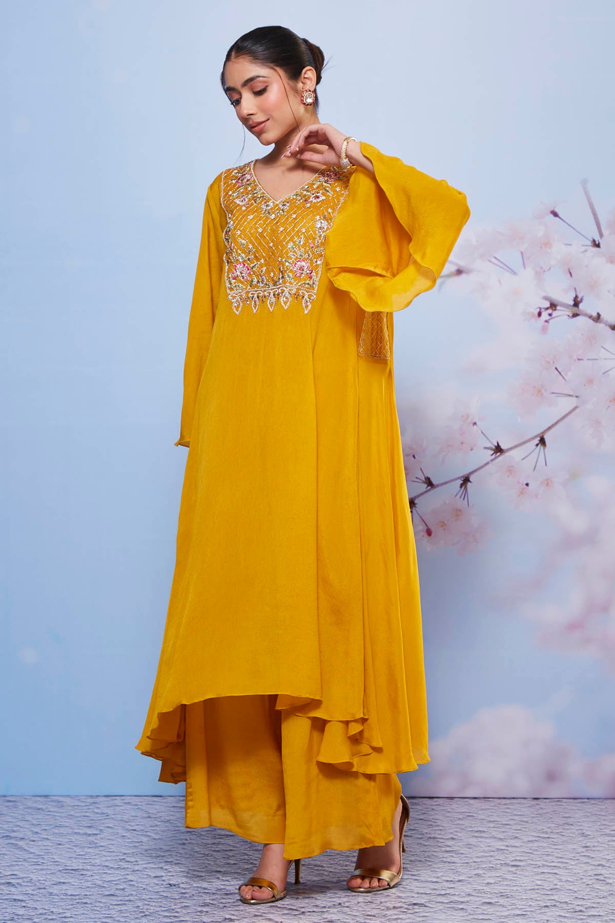 Asymmetrical Mustard Kurta Set