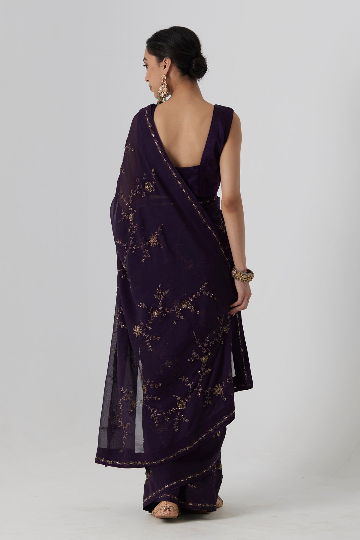 Aubergine Embroidered Saree Set