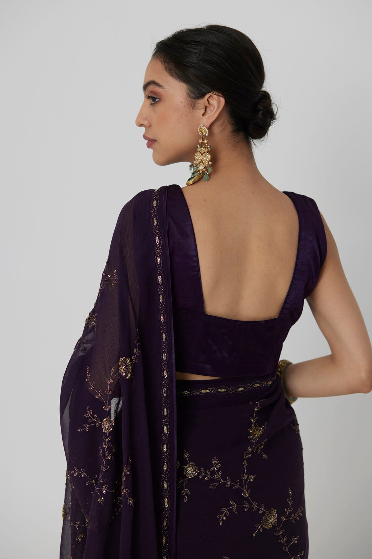 Aubergine Embroidered Saree Set
