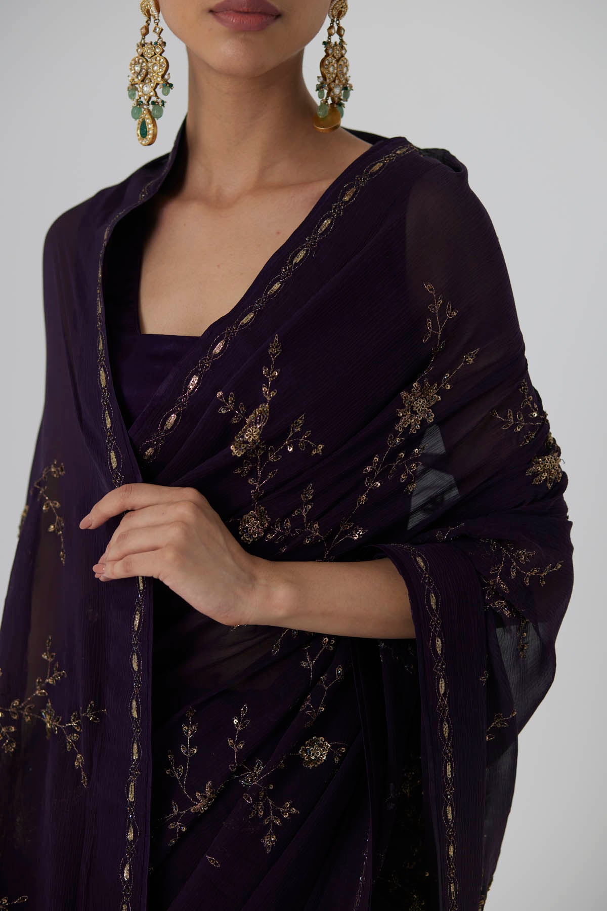 Aubergine Embroidered Saree Set