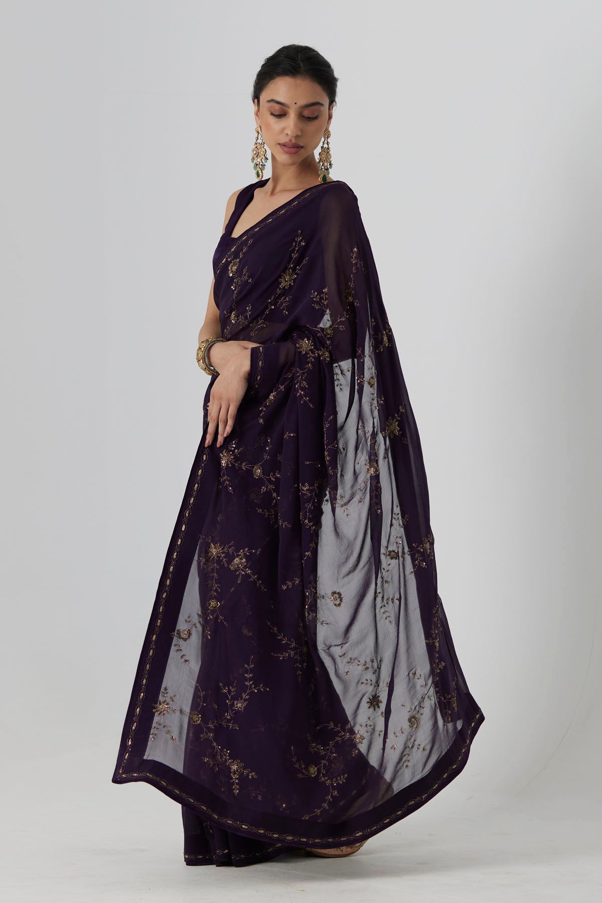 Aubergine Embroidered Saree Set