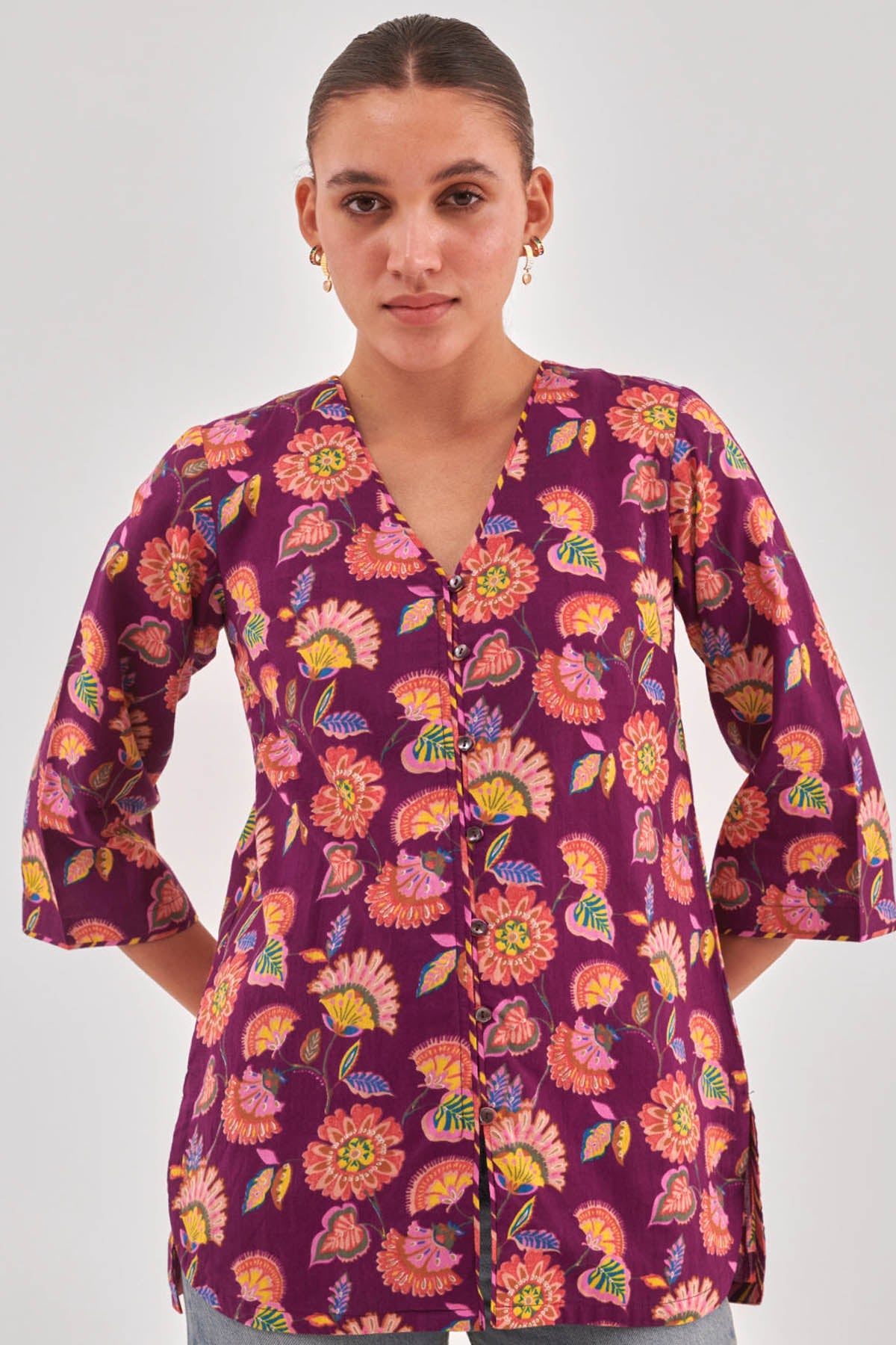 Buy Aubergine Floral Printed Top for Women by Qomn Designer online available at scrollnshops