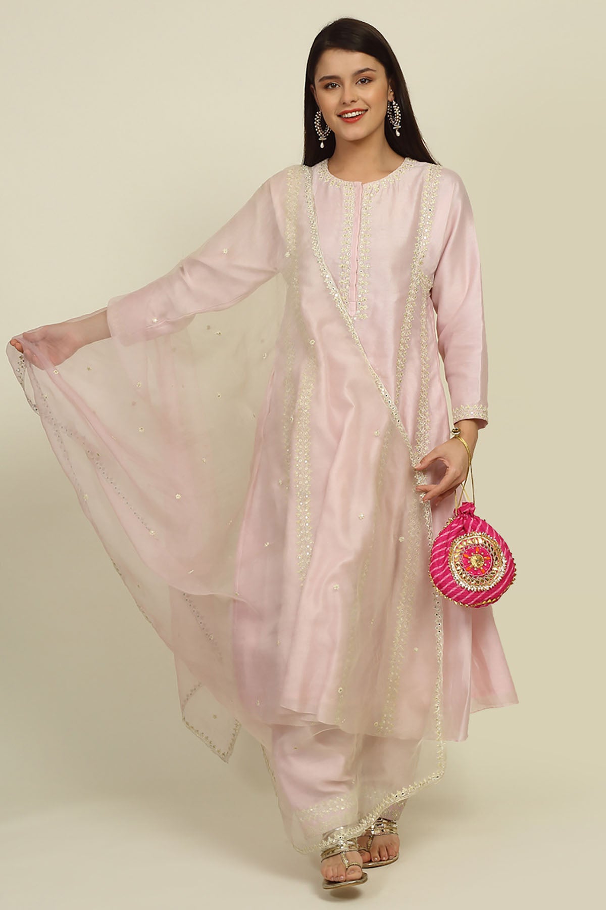 Baby Pink Chanderi Kurta Set