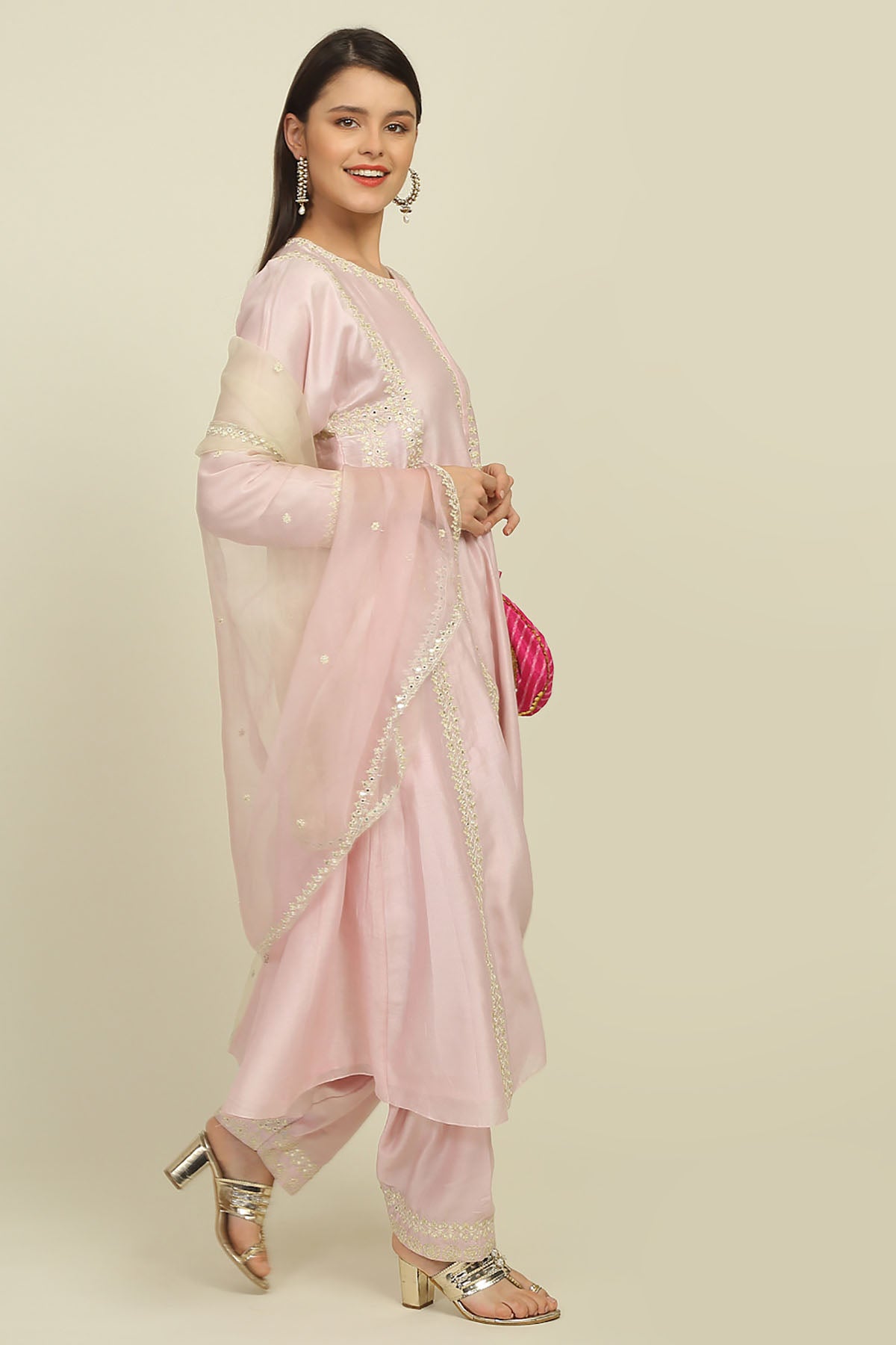 Baby Pink Chanderi Kurta Set